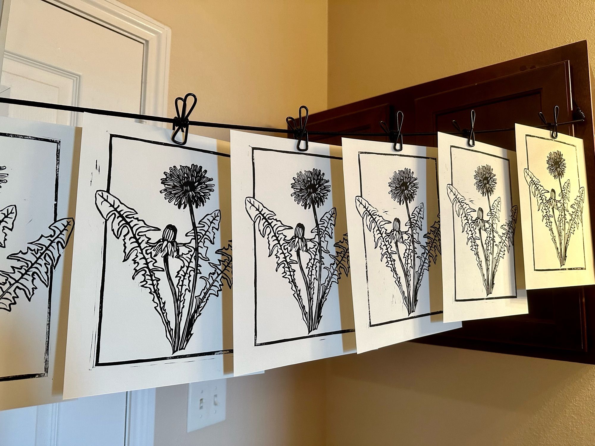 Relief prints of dandelion hanging on a drying line