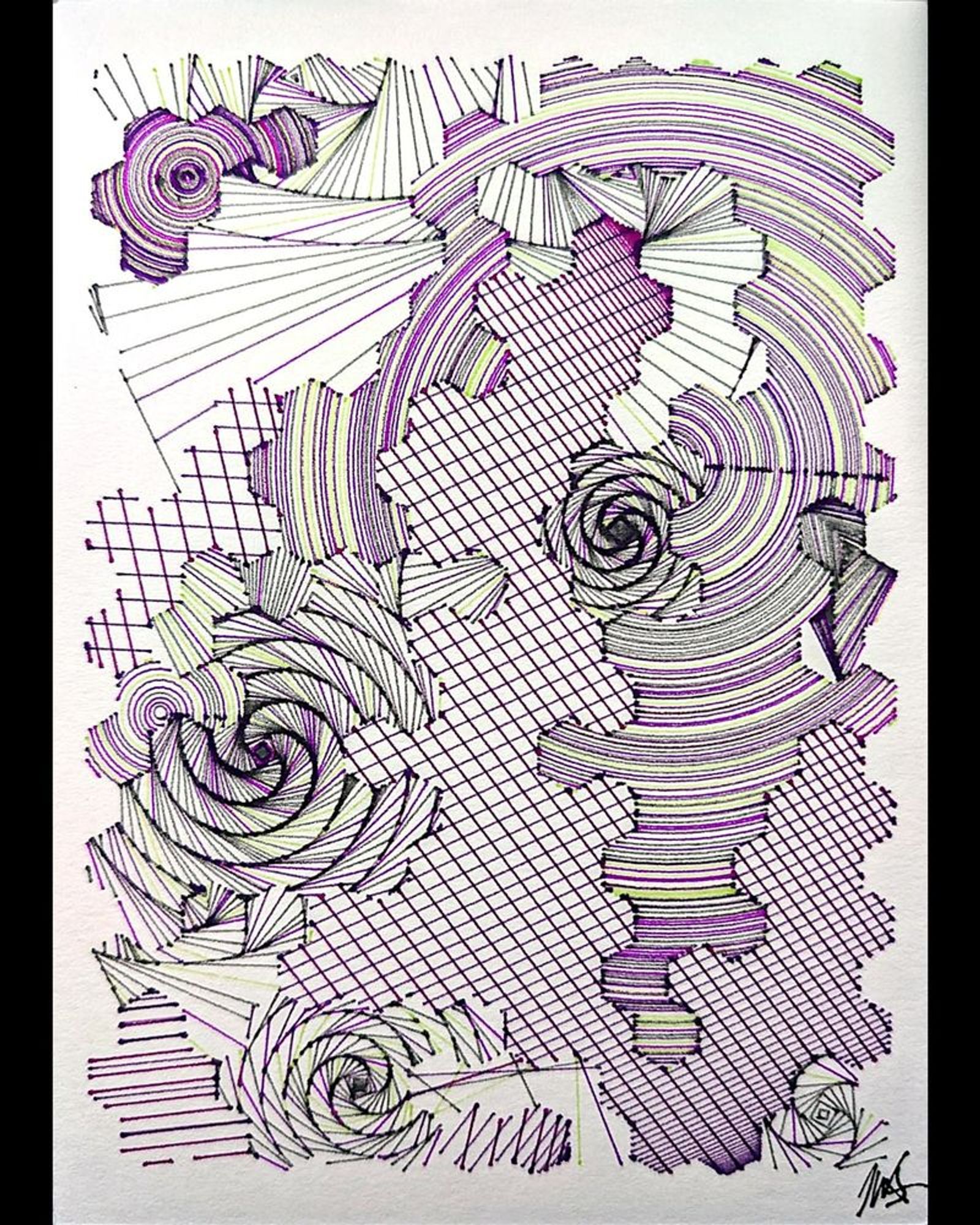 A deeply intricate pen plotter piece inspired by wave function collapse. Its dynamic, sweeping lines and swirling intersections echo the chaos of a mind struggling in the storm. The layers of lines symbolize descent, revealing the intricate, uncontrollable patterns of thought, emotion, and the universe. The artwork's abstract nature allows the viewer to feel the intensity of forces beyond control, blending physical and mental states into one visual narrative.