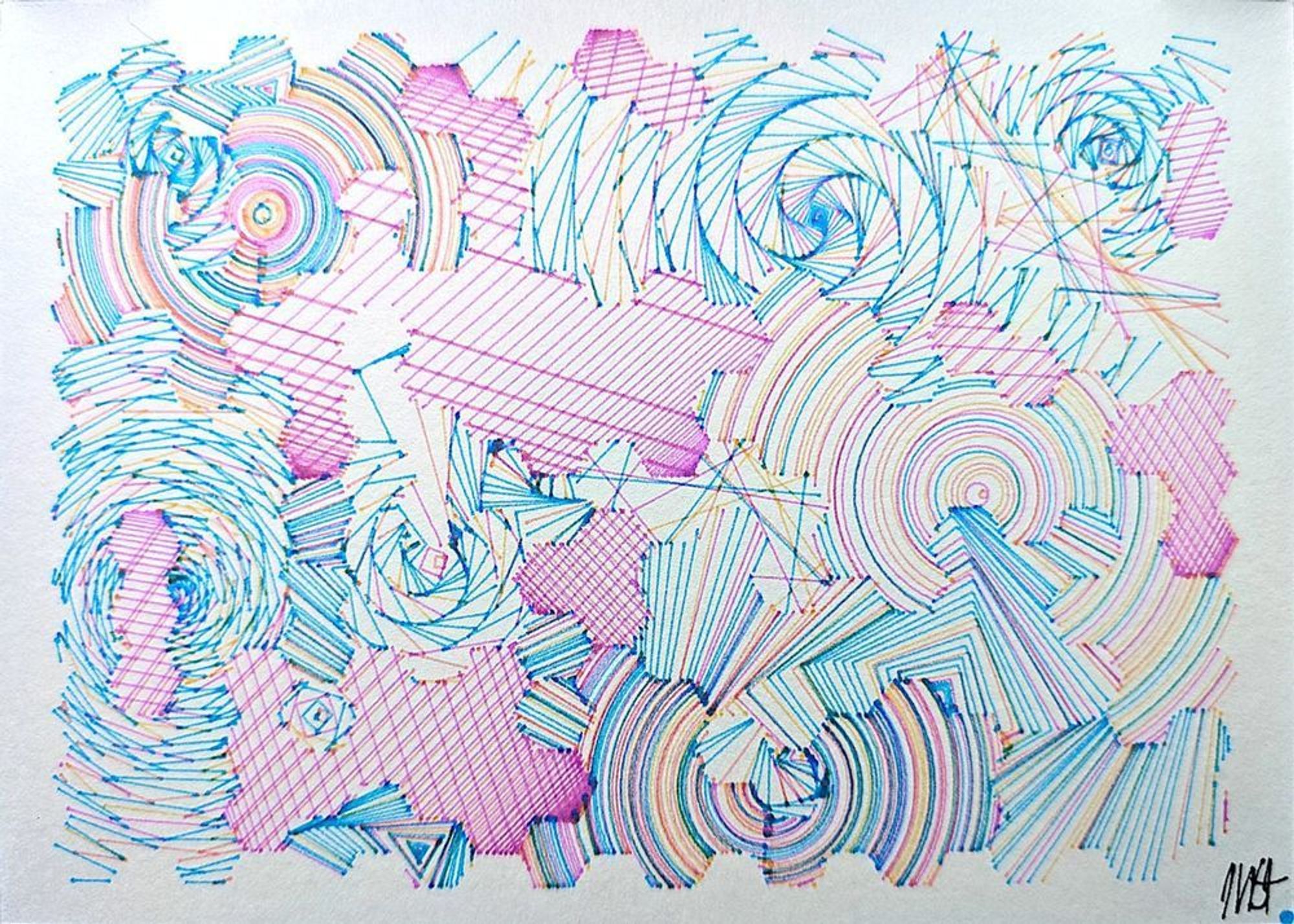 A deeply intricate pen plotter piece inspired by wave function collapse. Its dynamic, sweeping lines and swirling intersections echo the chaos of a mind struggling in the storm. The layers of lines symbolize descent, revealing the intricate, uncontrollable patterns of thought, emotion, and the universe. The artwork's abstract nature allows the viewer to feel the intensity of forces beyond control, blending physical and mental states into one visual narrative.