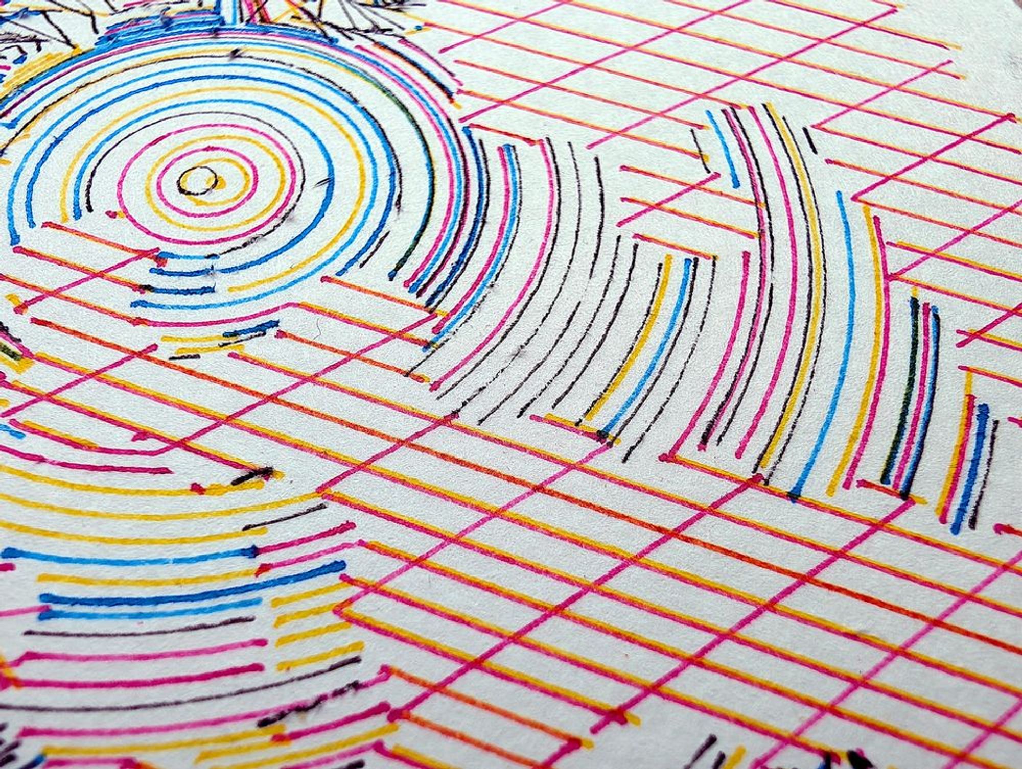 A deeply intricate pen plotter piece inspired by wave function collapse. Its dynamic, sweeping lines and swirling intersections echo the chaos of a mind struggling in the storm. The layers of lines symbolize descent, revealing the intricate, uncontrollable patterns of thought, emotion, and the universe. The artwork's abstract nature allows the viewer to feel the intensity of forces beyond control, blending physical and mental states into one visual narrative.