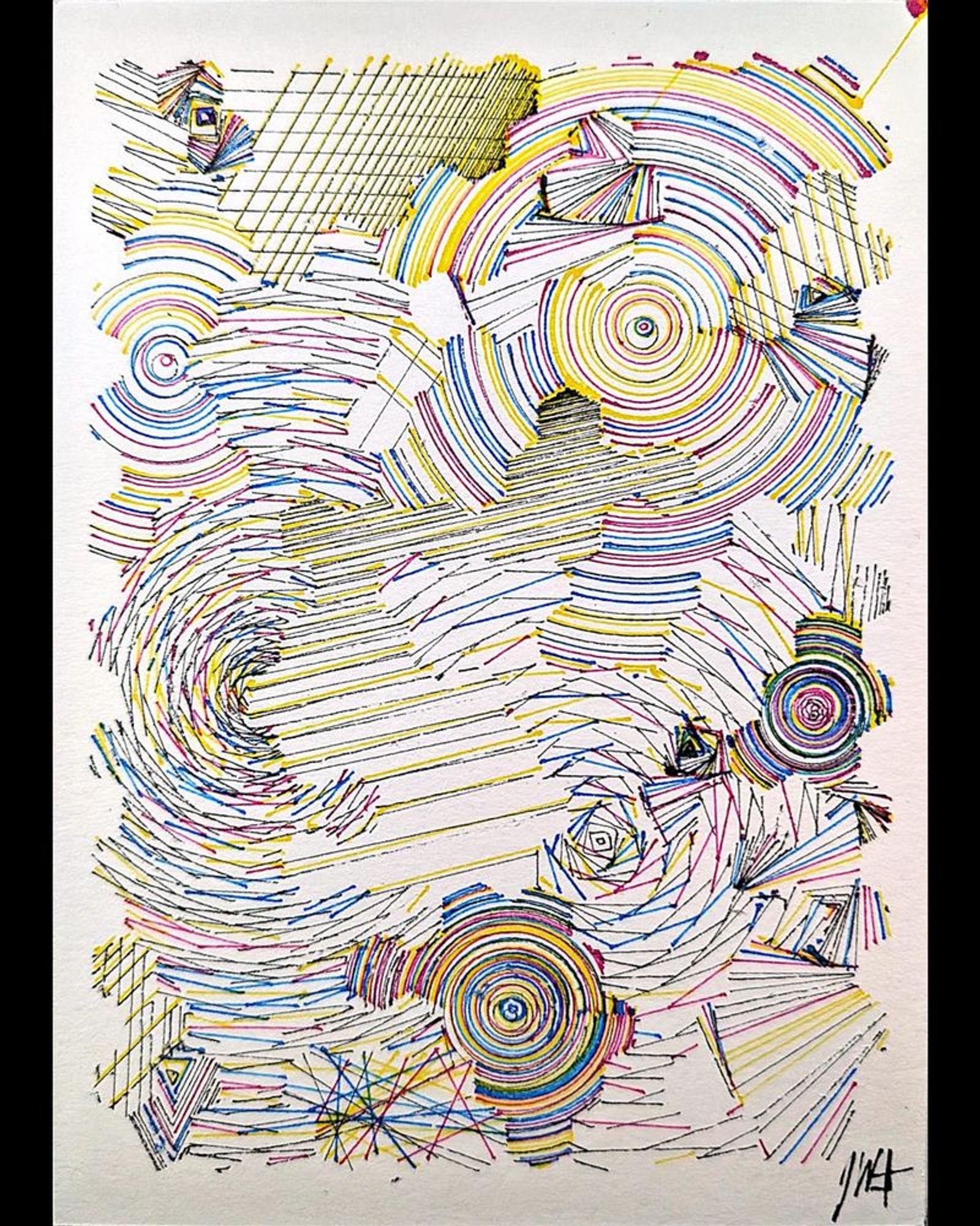 A deeply intricate pen plotter piece inspired by wave function collapse. Its dynamic, sweeping lines and swirling intersections echo the chaos of a mind struggling in the storm. The layers of lines symbolize descent, revealing the intricate, uncontrollable patterns of thought, emotion, and the universe. The artwork's abstract nature allows the viewer to feel the intensity of forces beyond control, blending physical and mental states into one visual narrative.