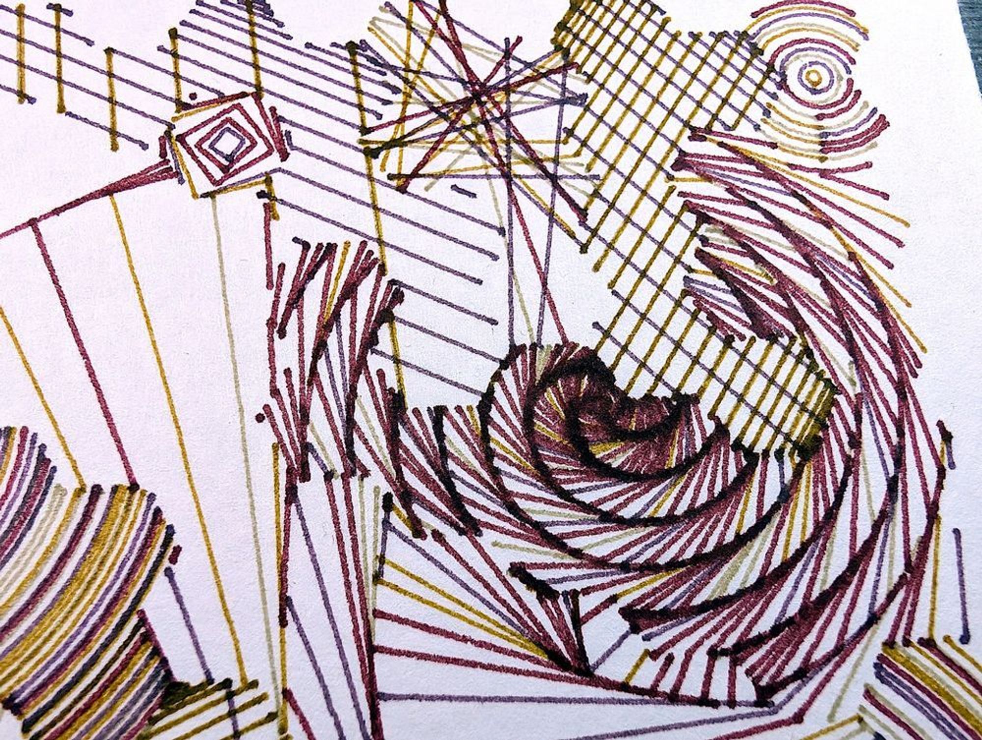 A deeply intricate pen plotter piece inspired by wave function collapse. Its dynamic, sweeping lines and swirling intersections echo the chaos of a mind struggling in the storm. The layers of lines symbolize descent, revealing the intricate, uncontrollable patterns of thought, emotion, and the universe. The artwork's abstract nature allows the viewer to feel the intensity of forces beyond control, blending physical and mental states into one visual narrative.