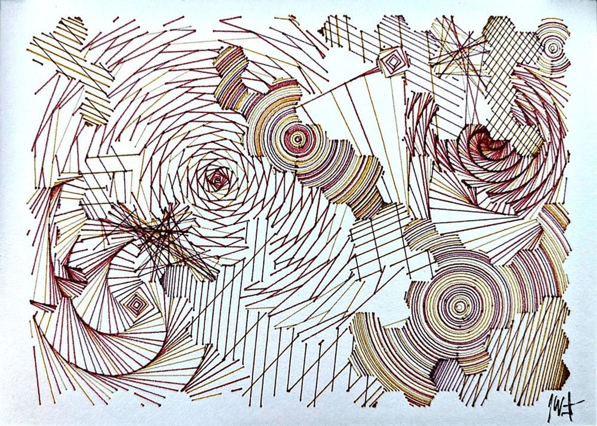 A deeply intricate pen plotter piece inspired by wave function collapse. Its dynamic, sweeping lines and swirling intersections echo the chaos of a mind struggling in the storm. The layers of lines symbolize descent, revealing the intricate, uncontrollable patterns of thought, emotion, and the universe. The artwork's abstract nature allows the viewer to feel the intensity of forces beyond control, blending physical and mental states into one visual narrative.