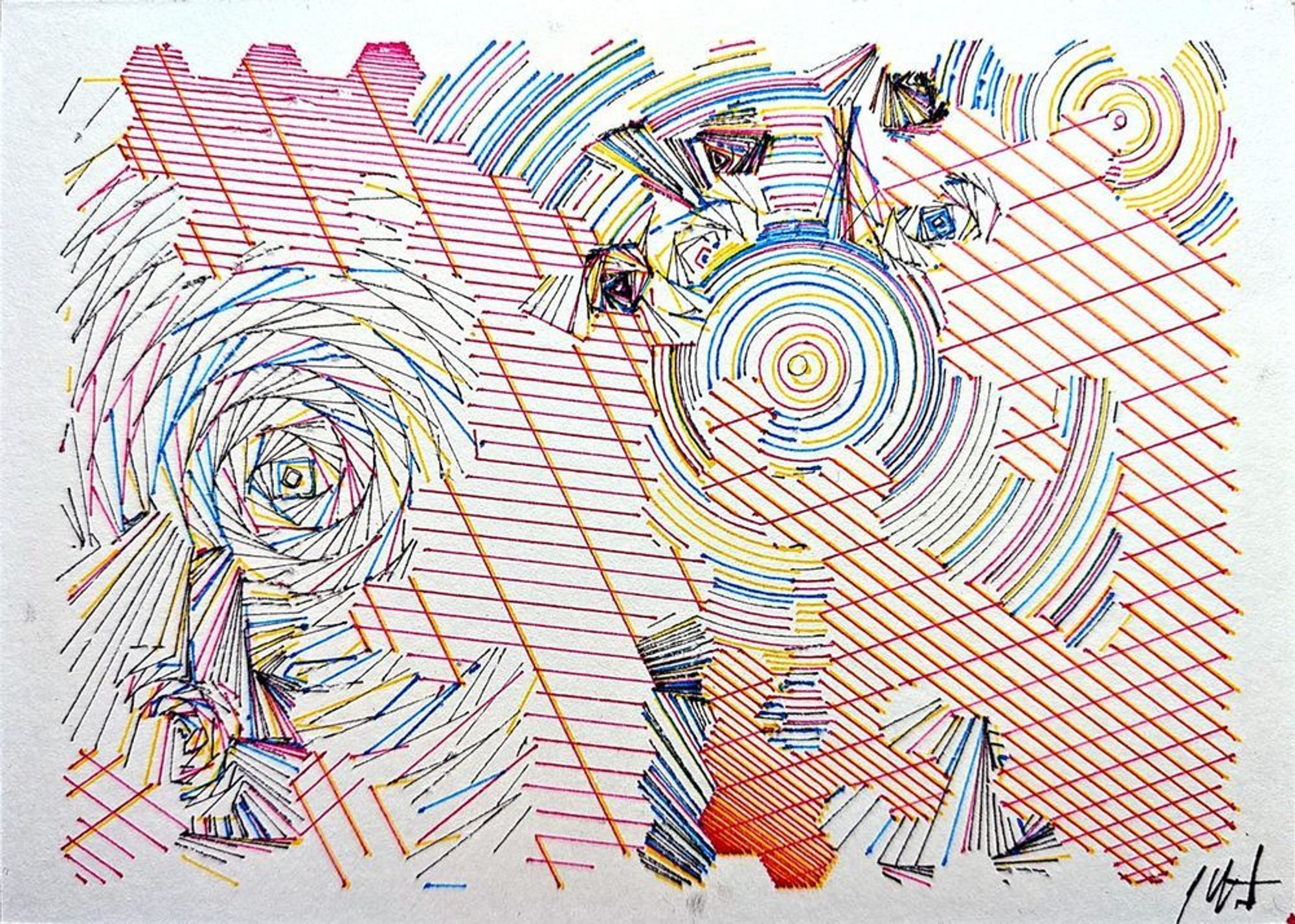 A deeply intricate pen plotter piece inspired by wave function collapse. Its dynamic, sweeping lines and swirling intersections echo the chaos of a mind struggling in the storm. The layers of lines symbolize descent, revealing the intricate, uncontrollable patterns of thought, emotion, and the universe. The artwork's abstract nature allows the viewer to feel the intensity of forces beyond control, blending physical and mental states into one visual narrative.