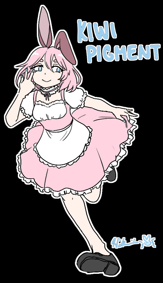 pink short haired girl with purplish bunny ears, blue eyes, holding a peace sign with her palms and fingers facing inwards towards her face. She is curtsying with a pink aid dress