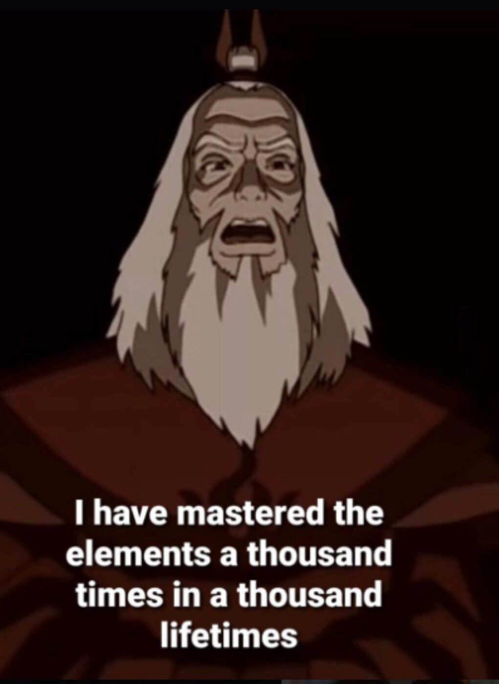 Avatar Roku from Avatar: The Last Airbender saying "I have mastered the elements a thousand times in a thousand lifetimes"