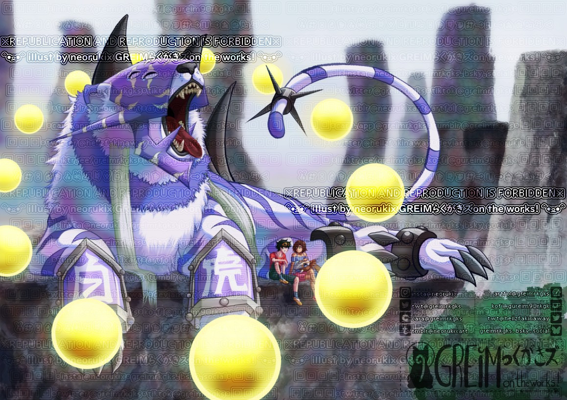 Digital #Art fanart illustration of characters from "Digimon Adventure tri."; an oversized Baihumon, yawning. Daigo Nishijima and Maki Himekawa sat down while Bakumon rests on Maki's legs.