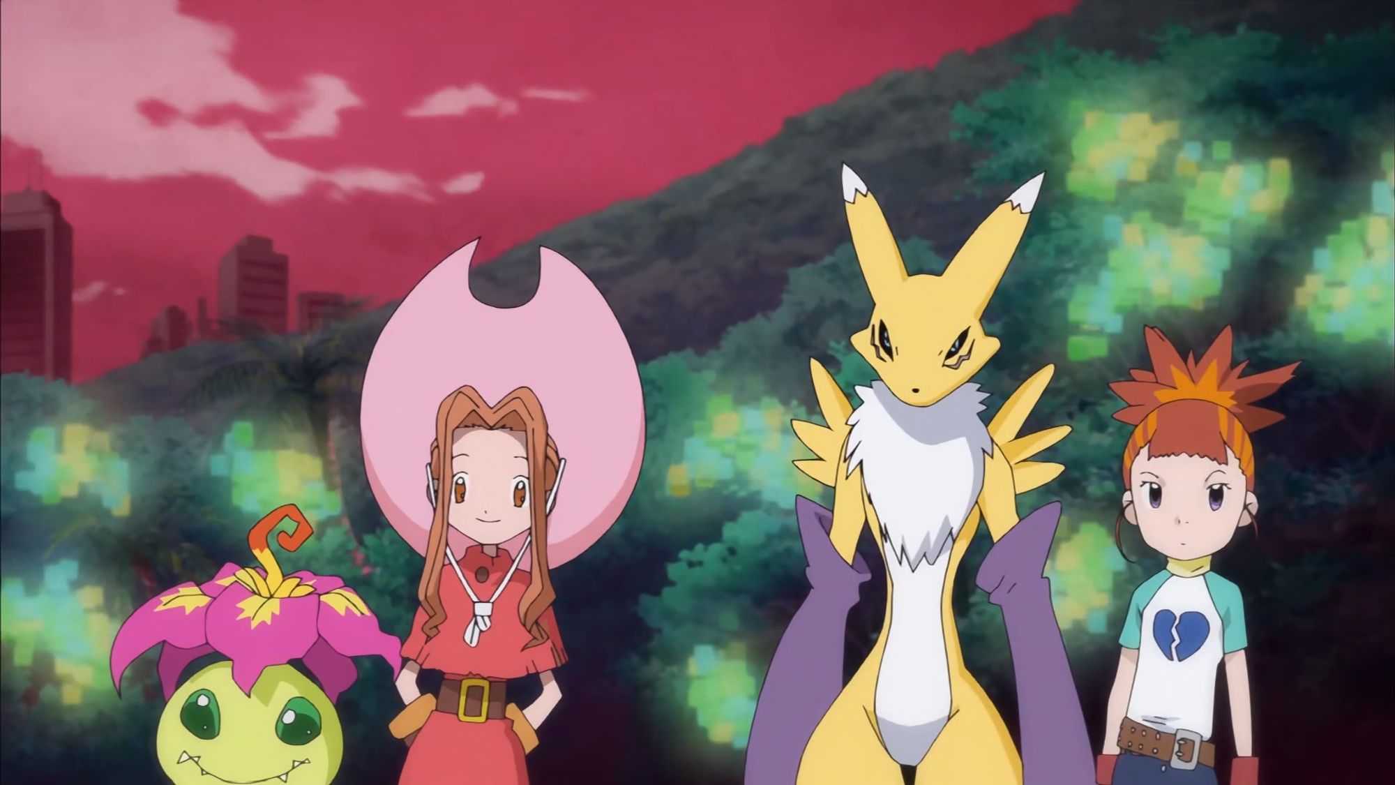 Screenshot from "Digimon Xros Wars" featuring Palmon, Mimi Tachikawa, Renamon and Ruki Makino.