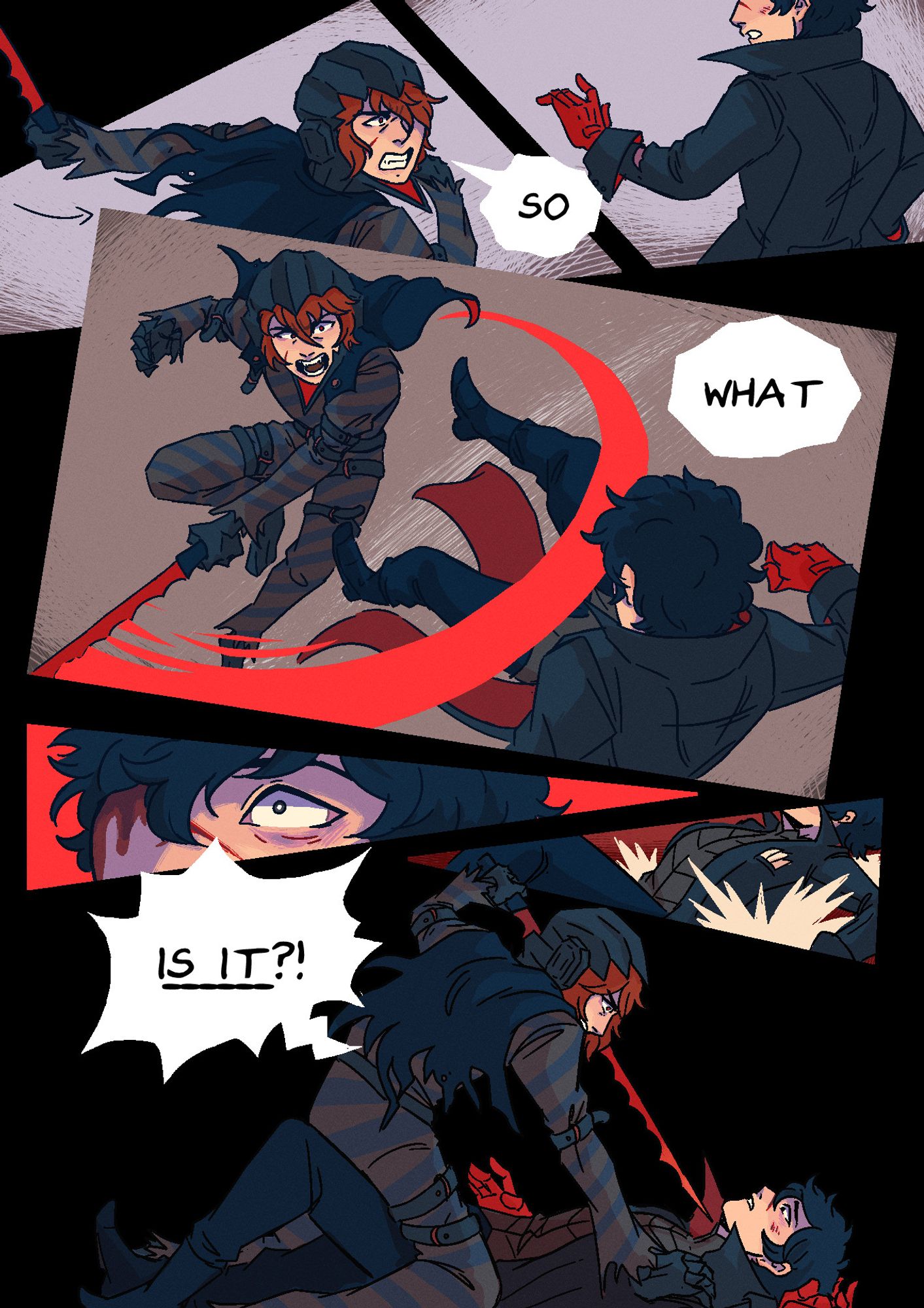 Page 6. Panel 1: Akechi runs towards Akira, ready to swing again. Panel 2: Akira holds his hands out in front of him as if to ask him to stop, as Akechi yells: "SO--" Panel 3: Akechi jumps in the air and swings at Akira, knocking him backward. He continues: "-- WHAT--" Panel 4: A close up shot of Akira's wide eyed expression. Panel 5: Akira hits the floor, falling on his back. Panel 5: Akira has fallen prone, and Akechi has pinned him down and put the tip of his sword right against his throat. He finishes: "--IS IT?!"