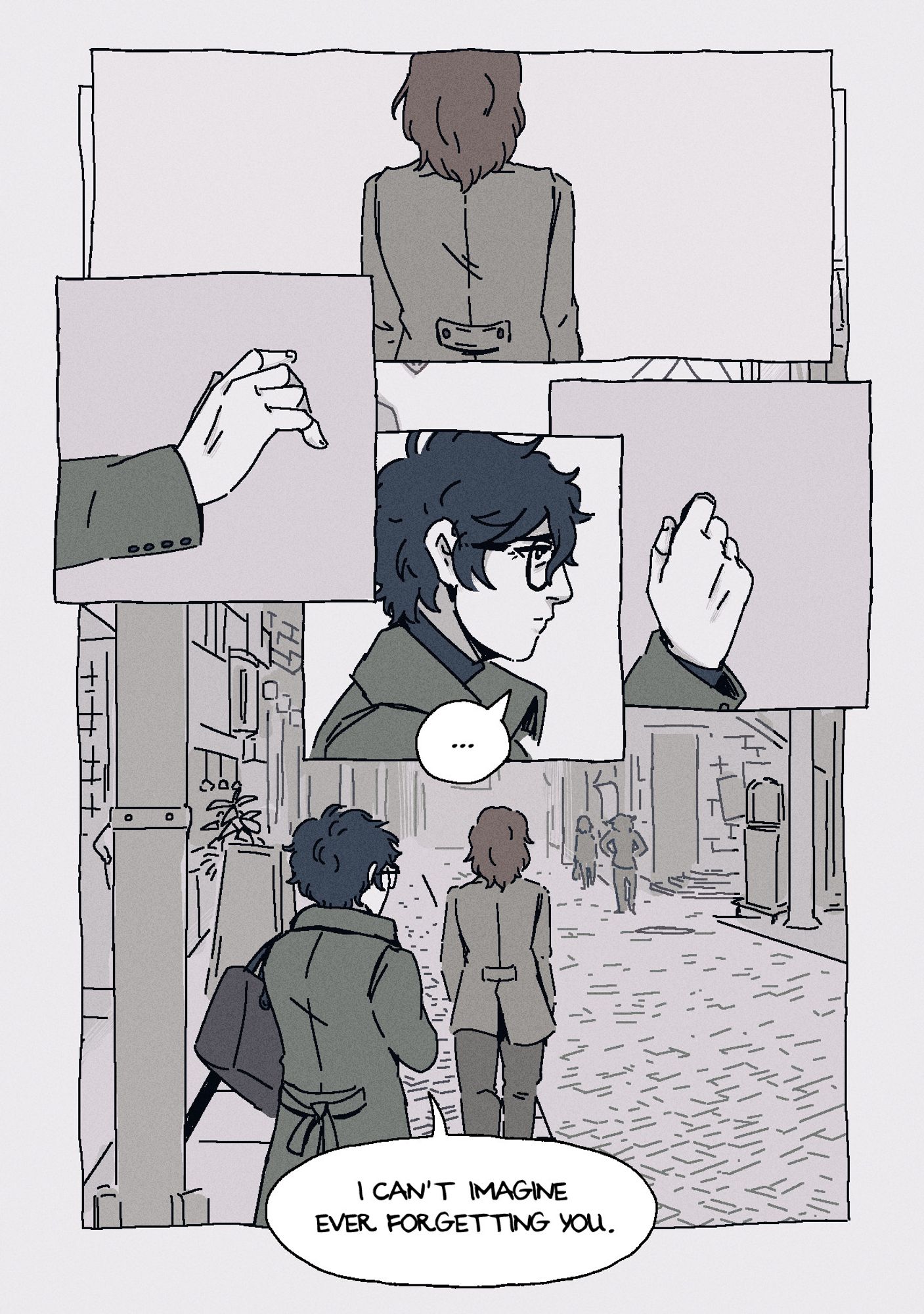 Page 8. Panel 1: Akechi begins to walk away wordlessly. Panel 2: Akira starts to reach out a hand to stop him, but hesitates, then pulls back. Panel 3: Akechi continues to walk away, as do the other faceless people who were standing around before. Before he can go too far, Akira says: "I can't imagine ever forgetting you."