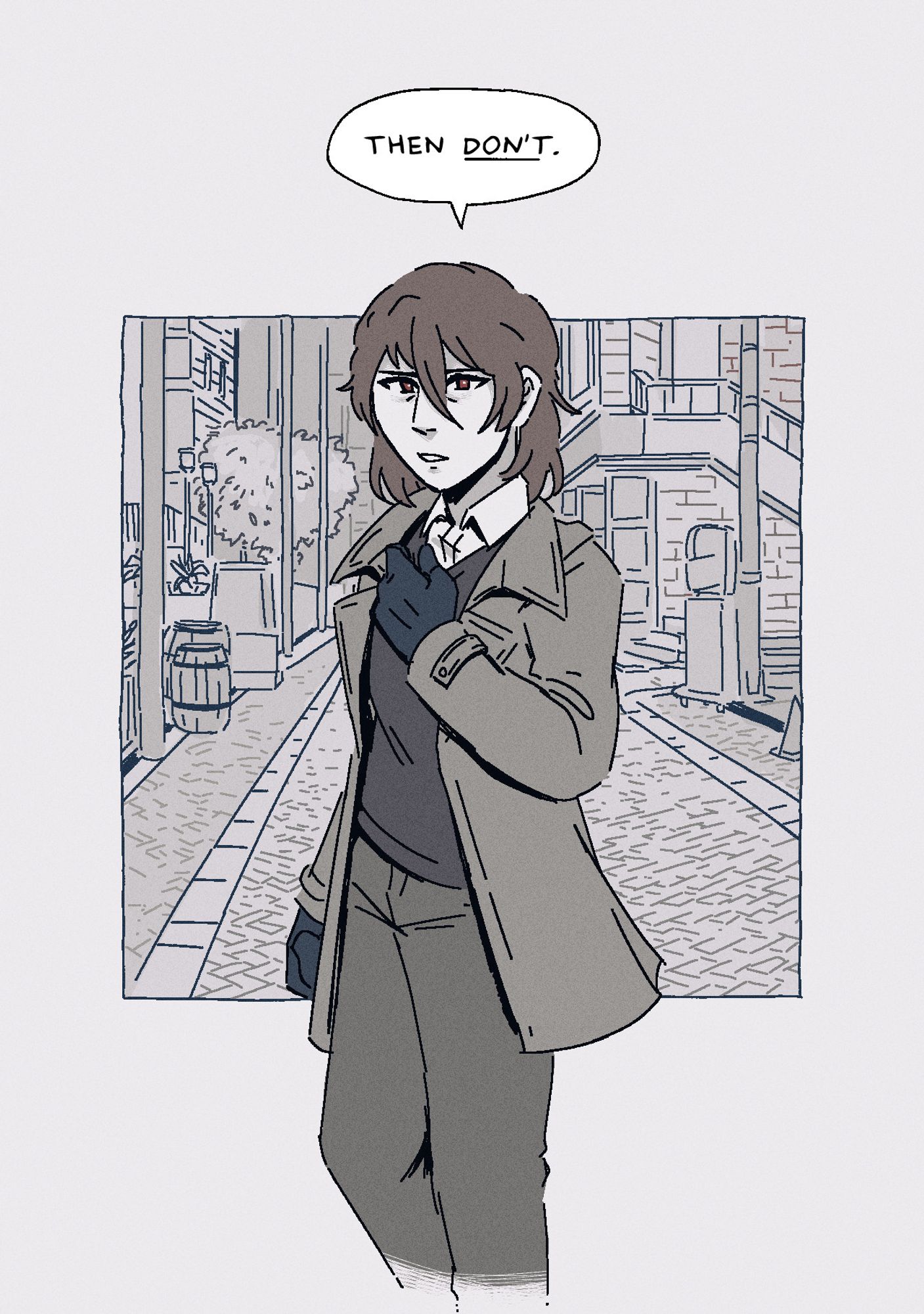 Page 10: Akechi looks back at Akira, holding his hand to his chest as he says: "Then don't." The streets behind him are shown to be empty