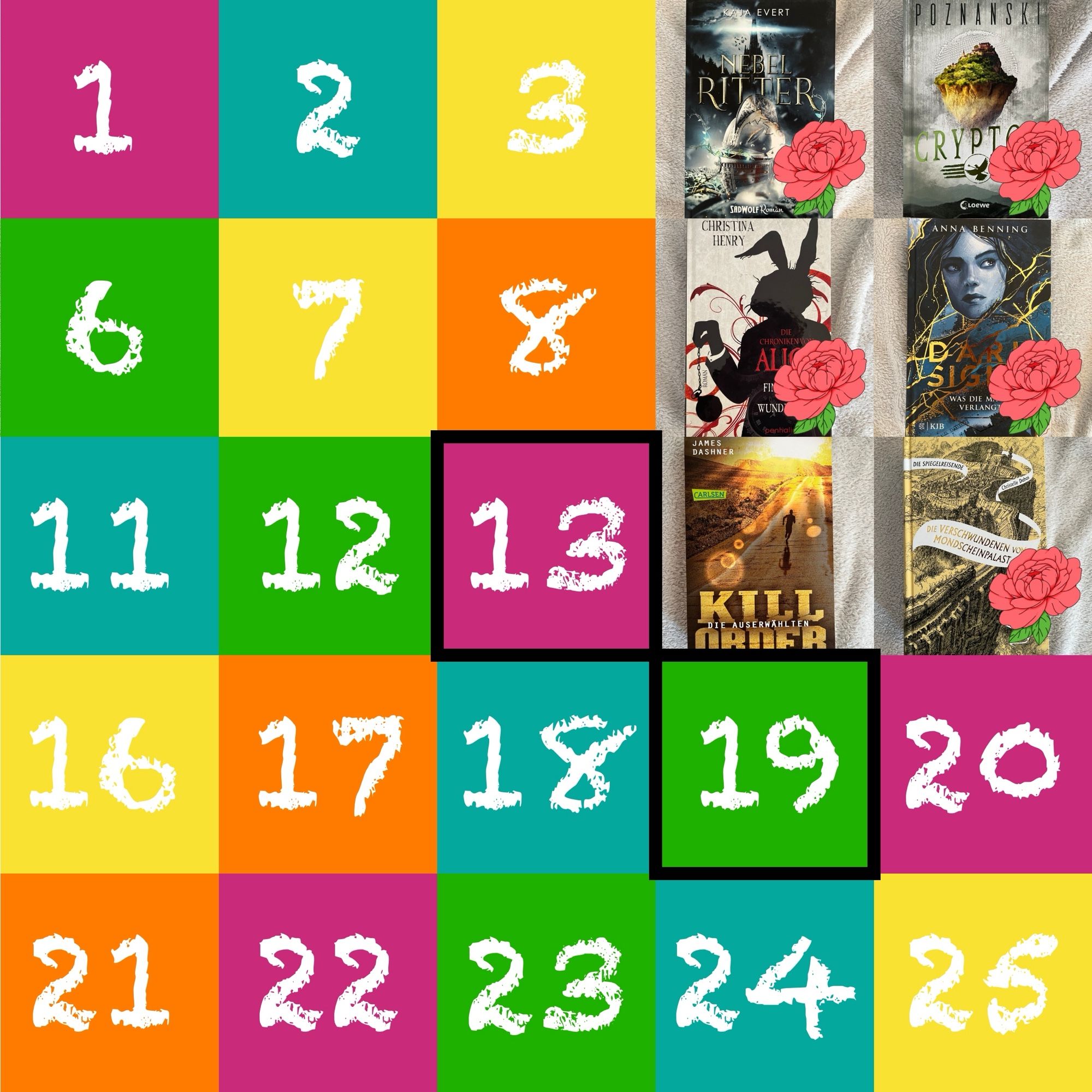 Meine Bingo-Karte mit 5 beendeten Büchern und der neu aufgedeckten Nummer 14.