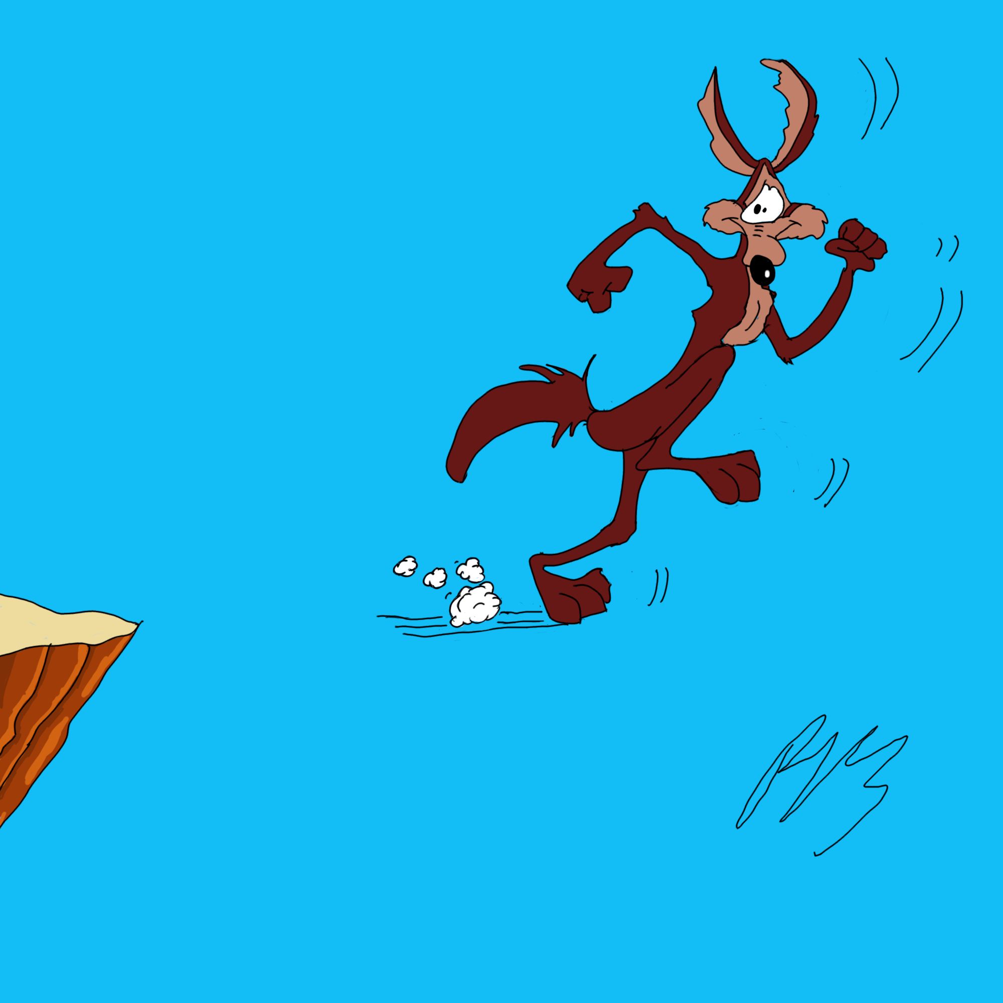 Wile E. Coyote, on the wrong side of a cliff edge.