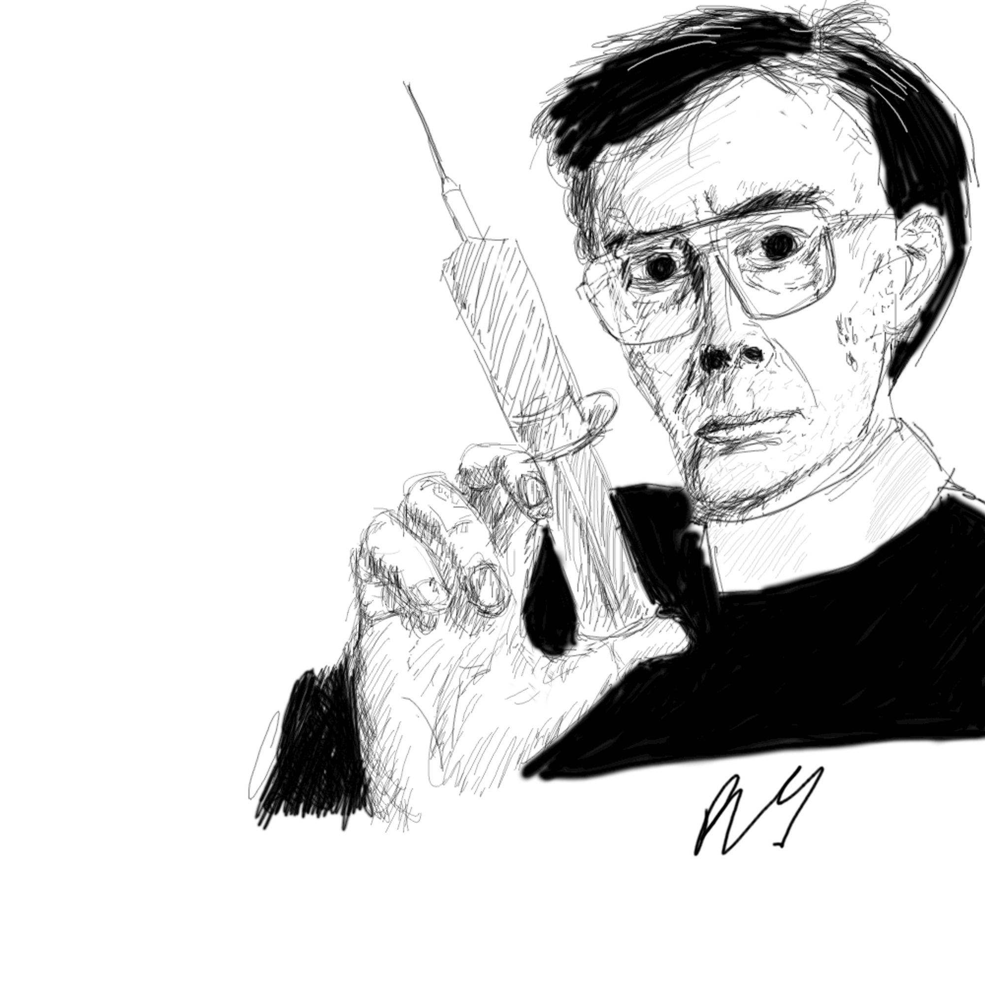 Jeffrey Combs as Herbert West, holding a syringe of reanimation fluid.