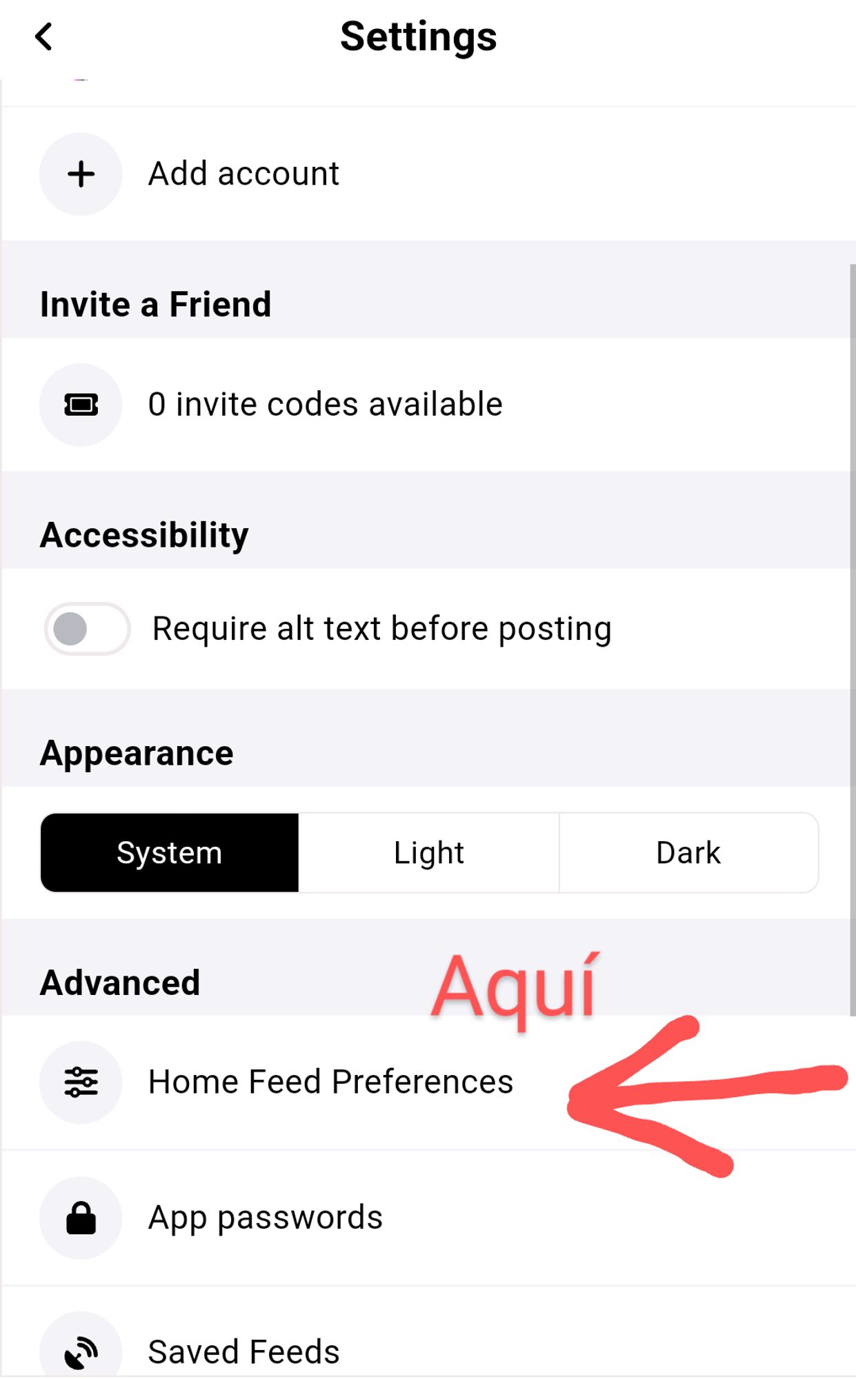 Una vez en Settings hay que darle a Home Feed Preferences