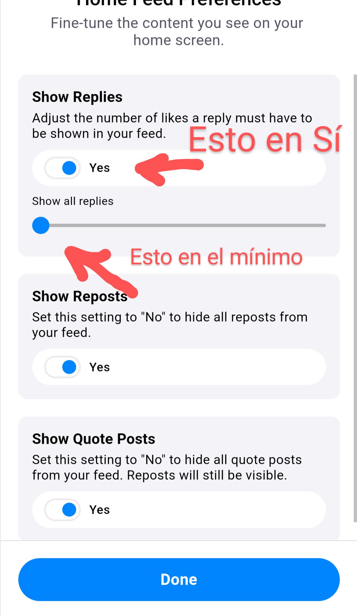 En Home Feed Preferences hay que ir a Show Replies. Mantenerlo en Yes o te ocultará todas. Ir a la barra de abajo que pone el número de Likes y ajustarlo a cero o Show Allí Replies para que muestre todas.