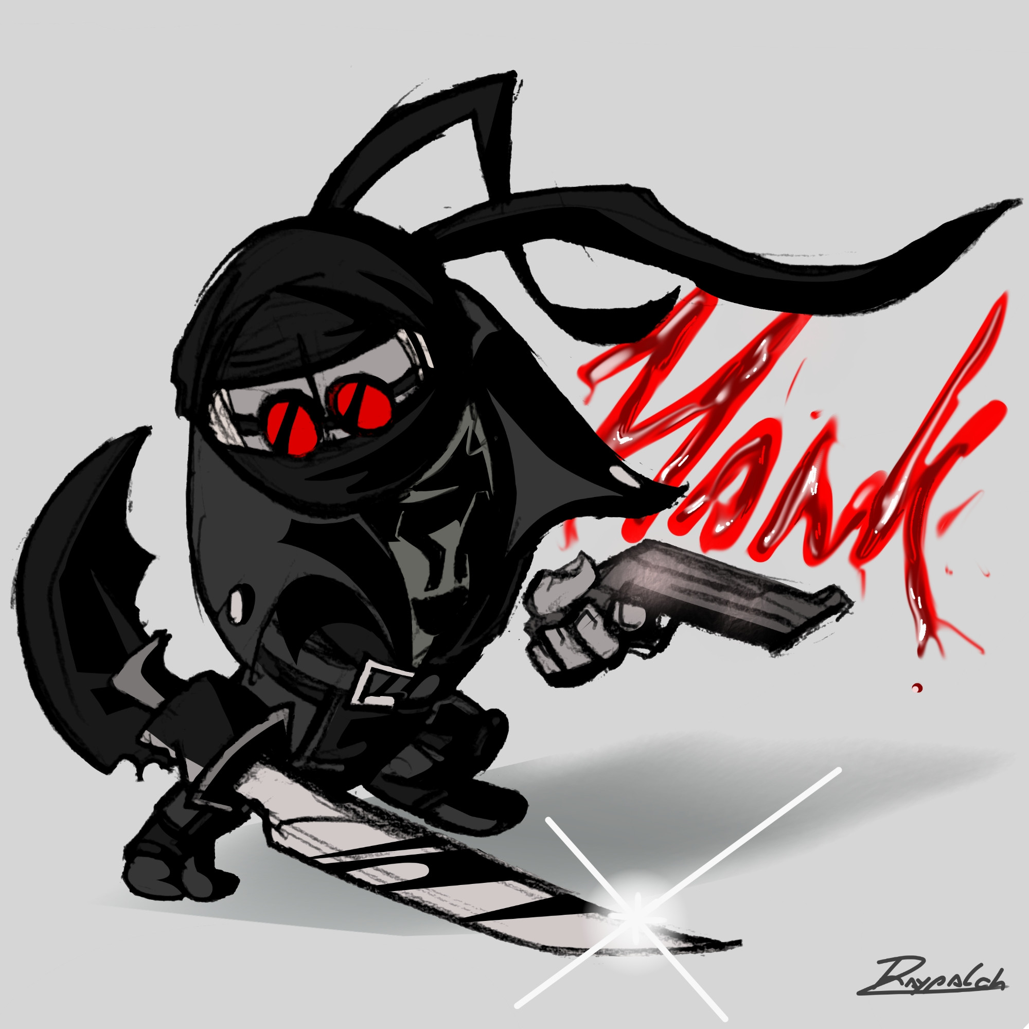 Digital illustration of Hank J Wimbleton, posing strikingly, wielding a sword and a pistol. Their first name is written behind with blood texture.