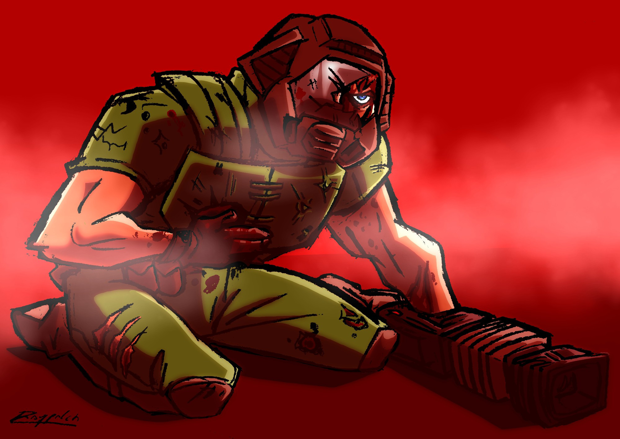 Digital illustration depicting Doom Guy on his knees, bruised and tired from battle. Blood and scars cover his armor, putting his right hand on a bruise on his chest, while the other abandons his plasma riffle in order to hold himself up. The visor of his head armor is broken, revealing his angry expression.