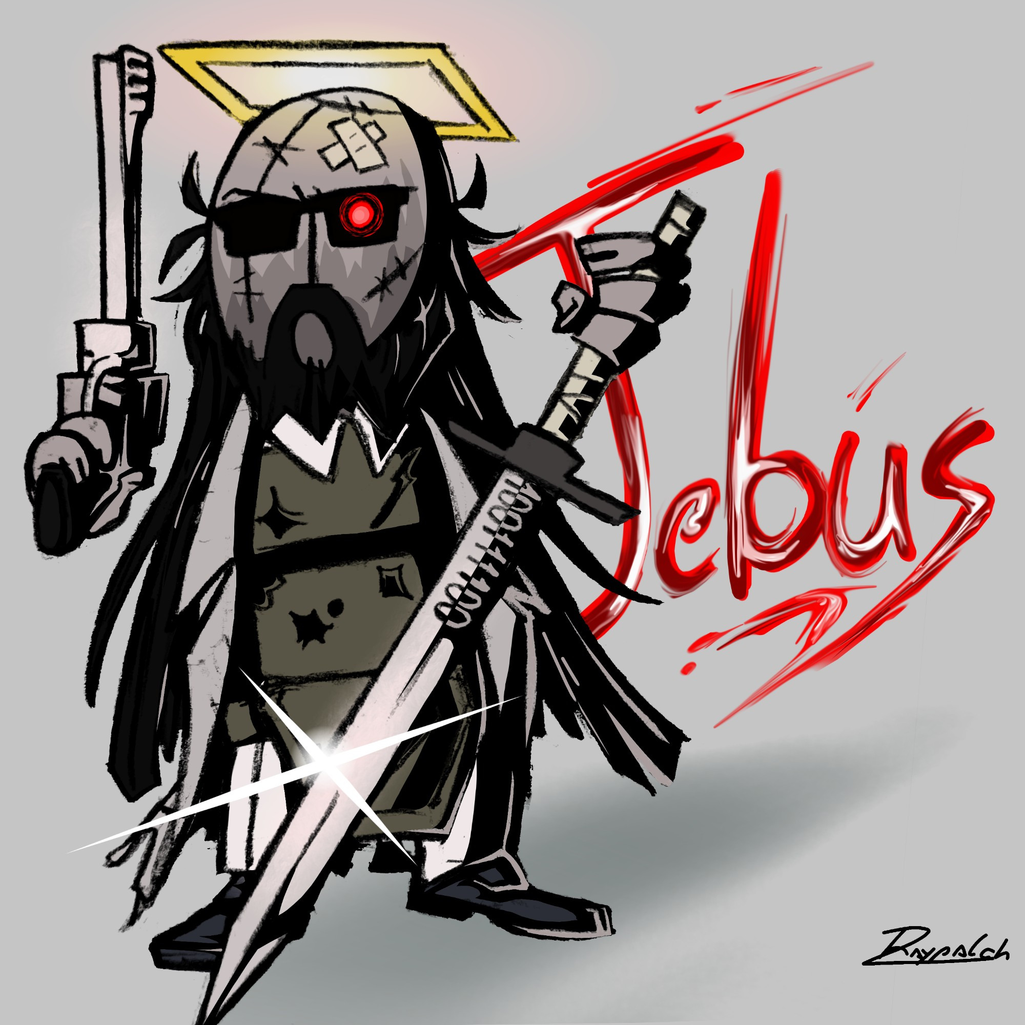 Digital illustration of Jebus, he poses in reference to Jesus Christ, wielding his pistol up to heaven and his signature binary sword in front of his body. His name is written in the background in blood texture.