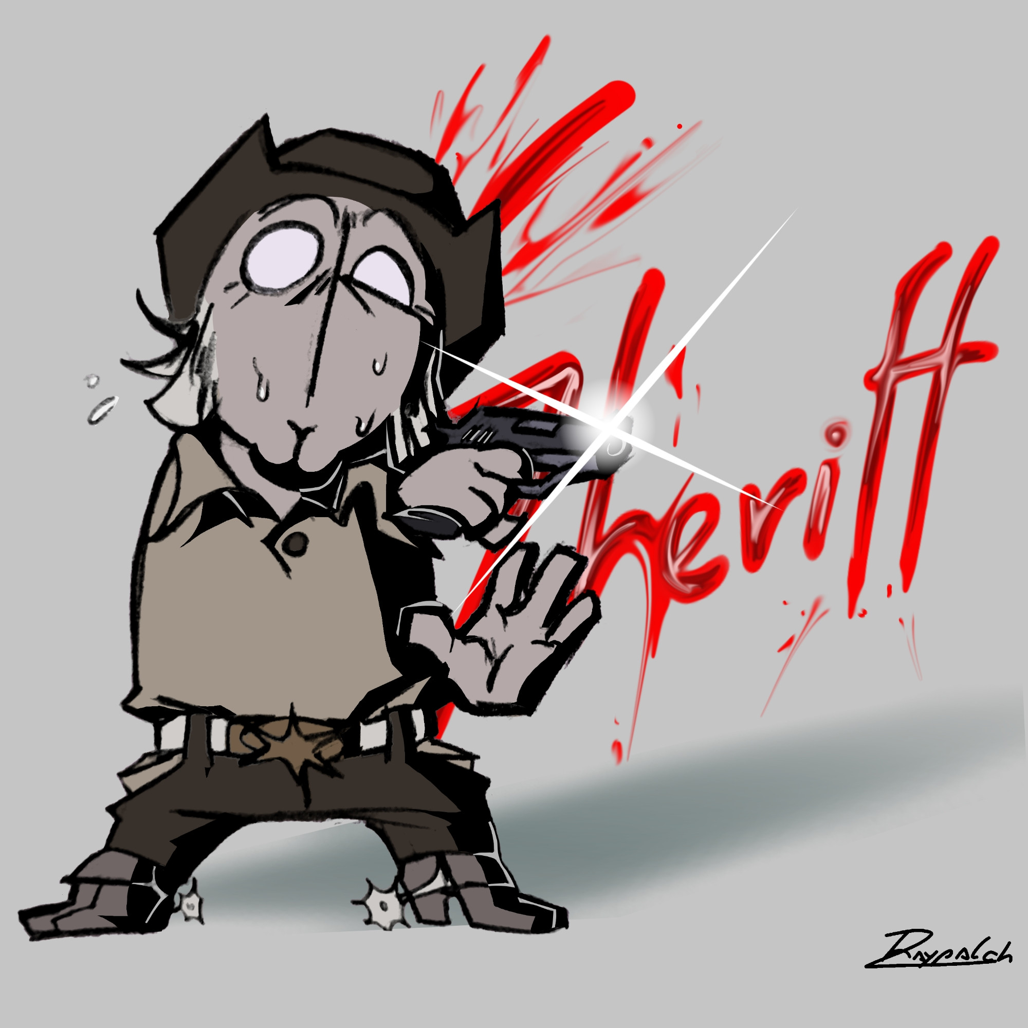 Digital illustration of the Sheriff from Madness Combat. He fearfully stands back, sweating with a nervous expression, wielding a pistol away, trying to protect himself. His name is written in the background in blood texture.