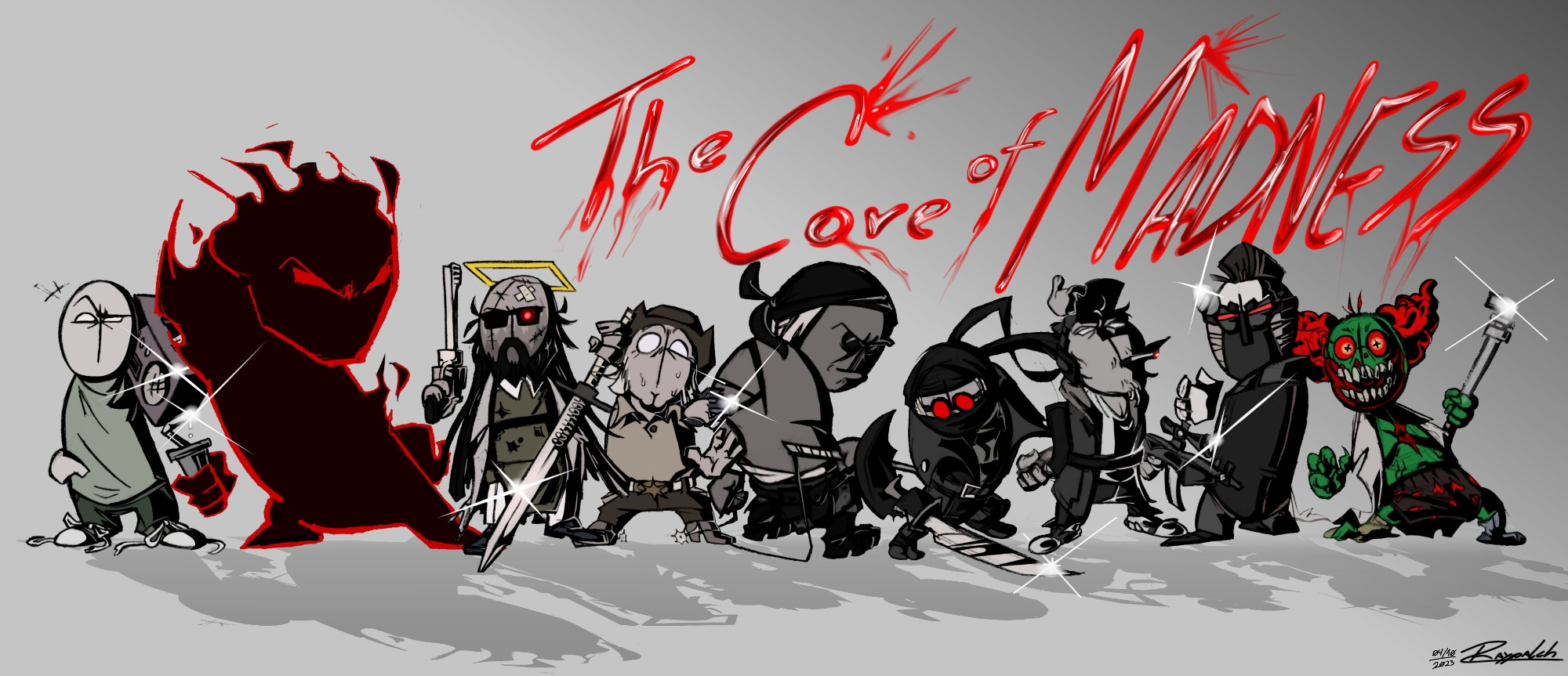 Digital illustration showing off the man good and bad guys from the web series Madness Combat. From left to right: Boombox Grunt, the Auditor, Jebus, the Sheriff, Sanford, Hank J Wimbleton, Deimos, Doc and Tricky the clown. Grey background with the floating words "The Core of Madness" written in blood.