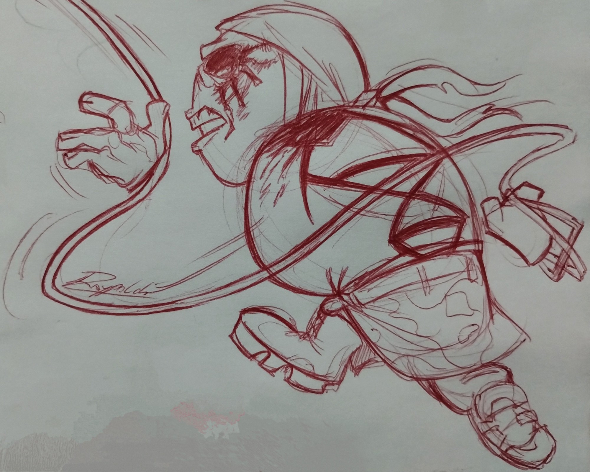 Traditional red pen sketch of Sanford launching his hook at an enemy off screen.