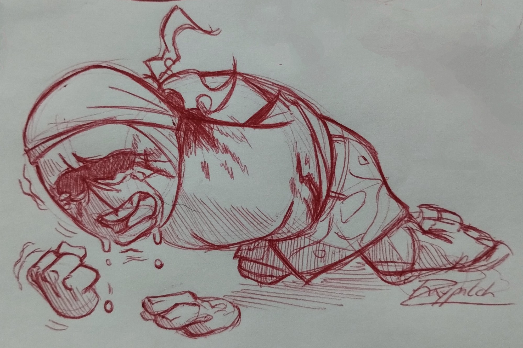 Traditional red pen sketch of Sanford from Madness Combat, fallen on his knees, clenching his fist and painfully crying.