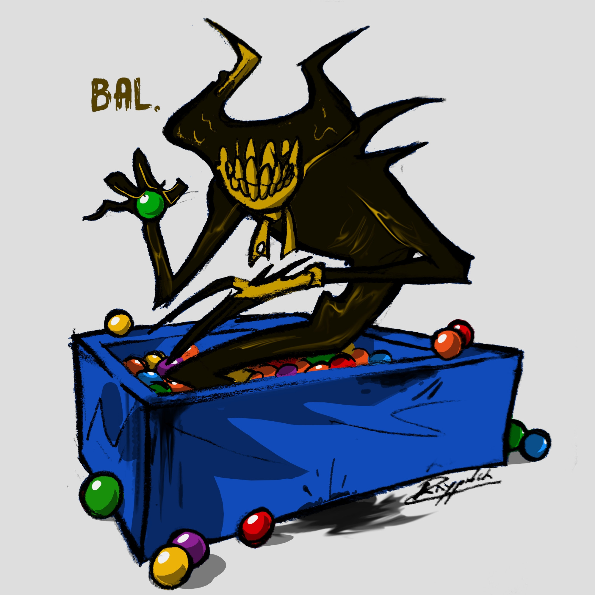 Digital illustration of the Ink Demon in a blue ball pit full of colorful plastic balls. He is slightly crouched, comically misspelling the word "ball", saying "bal", while holding a green plastic ball.