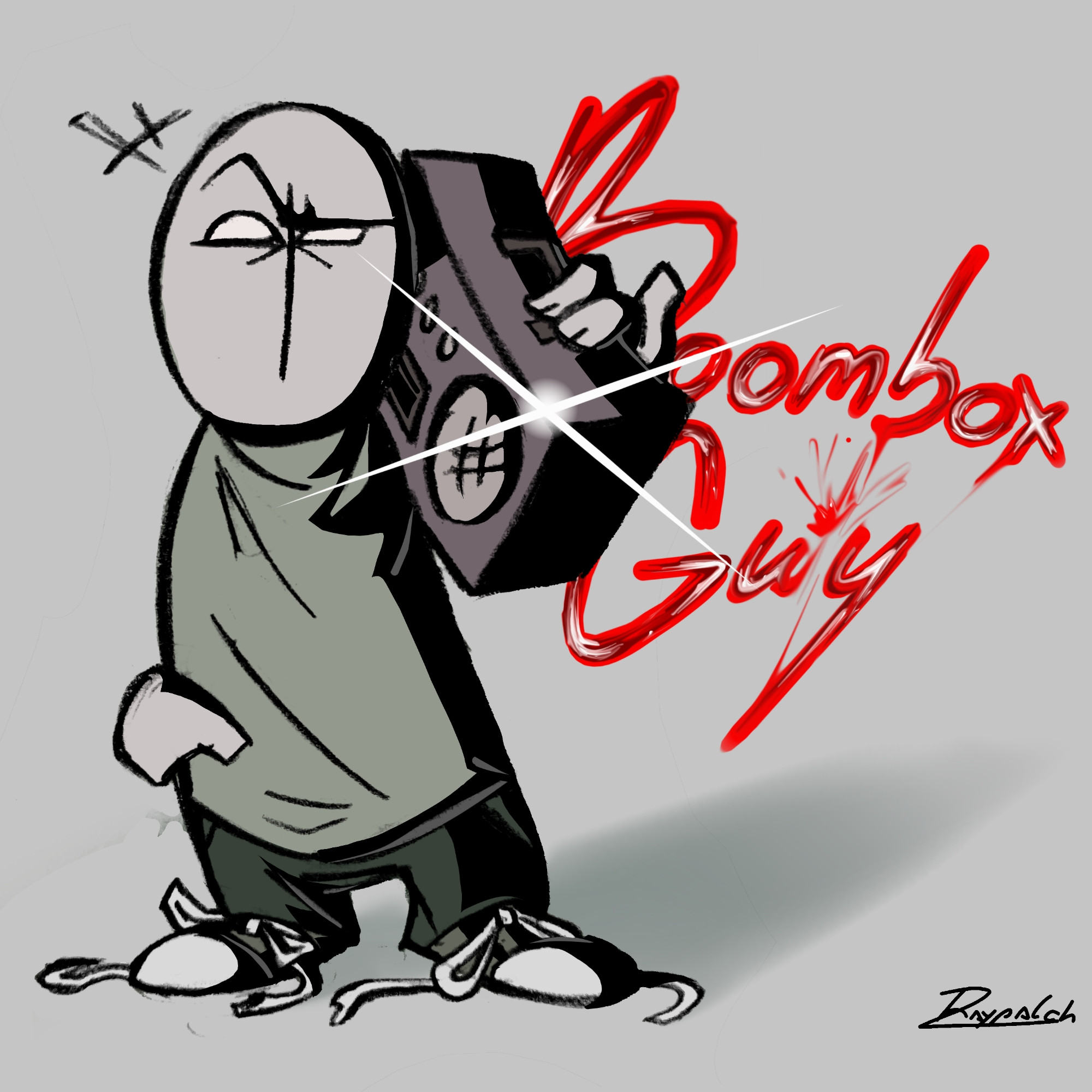 Digital illustration of the Boombox Guy, cheerfully holding an boombox over the shoulder, with his shoelaces loose and free on the floor. His name is written behind in blood texture.