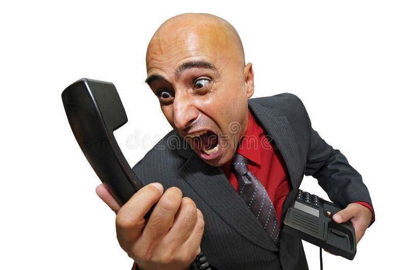 stock image of a well-dressed, business man screaming at the telephone, expressing anger