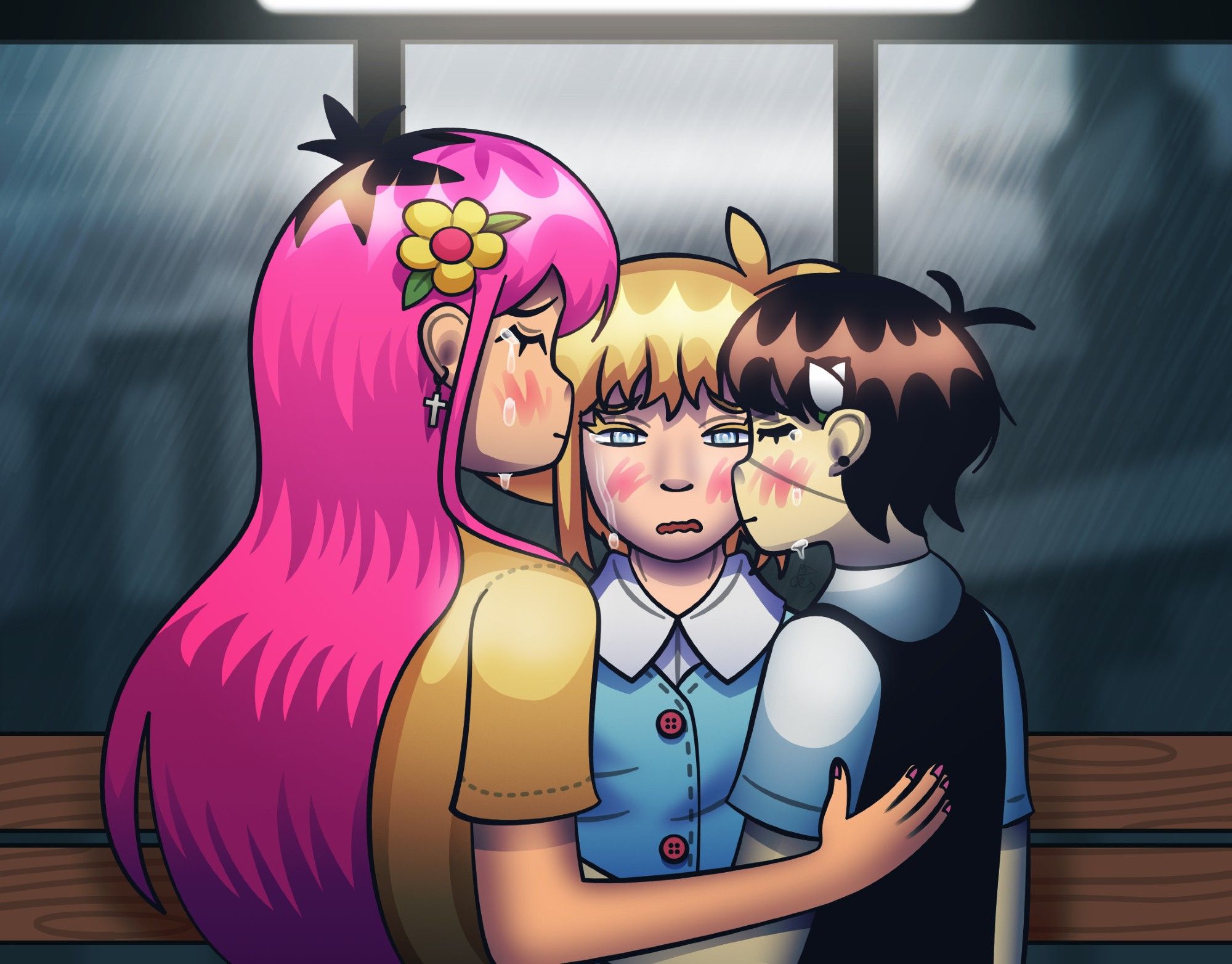 A polyamory group of Aubrey, Basil, and Sunny hugging each other. Both Aubrey and Sunny went for a kiss on Basil. They are all crying at the bus stop.