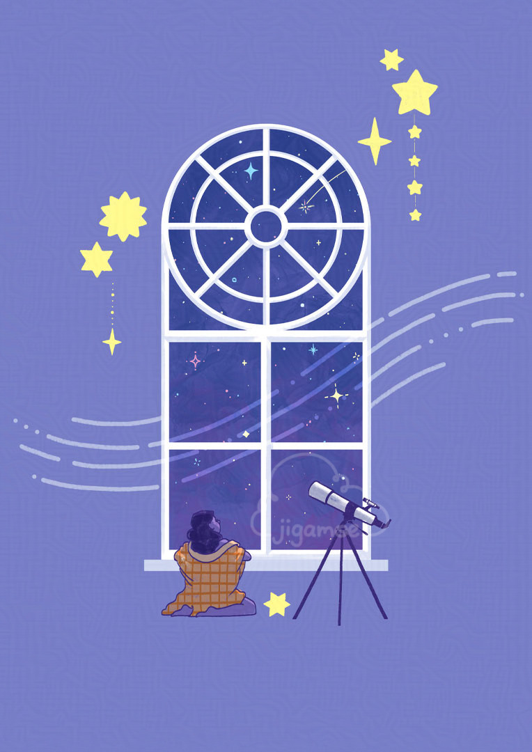 Illustration of a girl peering out of a tall, magnificent window, gazing at the starry night sky