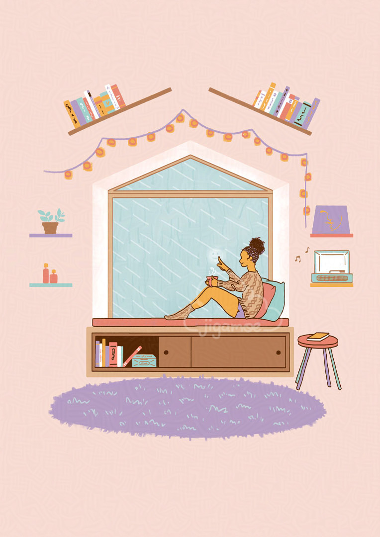 Illustration of a girl sitting in a window nook on a rainy day. With a hot cup in one hand, she draws a smiley face on the fogged up glass with the other. The cosy space is decorated with an abundance of books on the shelves, as well as a record player.