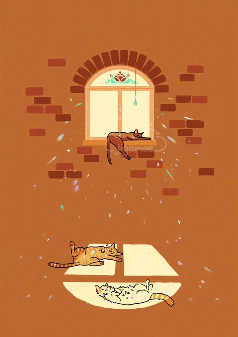 Illustration of sunlight streaming through a little window, three cats enjoying the warm sunshine. A suncatcher hangs from the top of the window creating little rainbow lights that dance around the space.