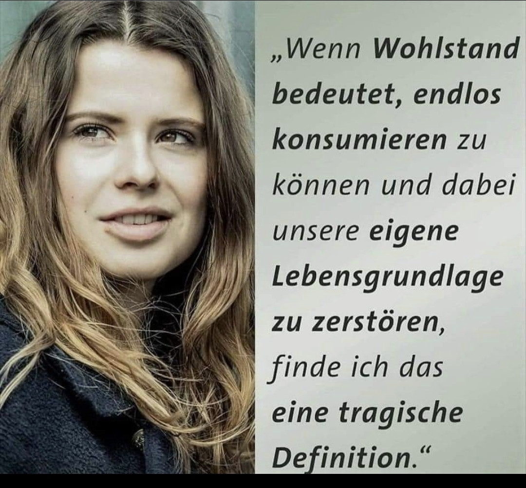 Bild von Luisa Neubauer, Text:
Wenn Wohlstand bedeutet endlos zu konsumieren und dabei unsere eigene Lebensgrundlage zu zerstören, finde ich das eine tragische Definition 