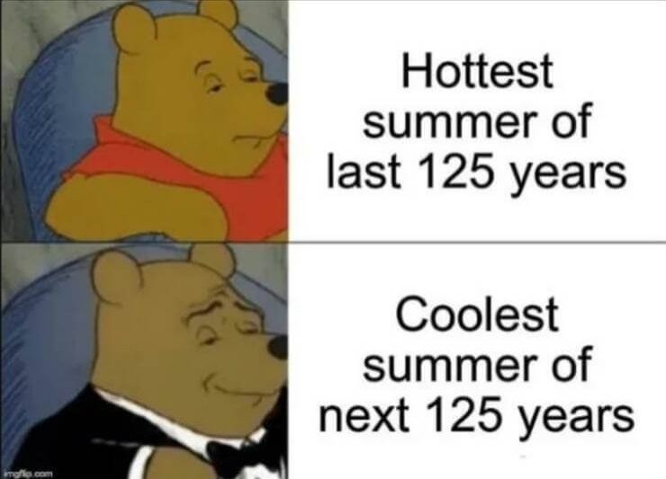 Meme zum Klimawandel: Pu der Bär mit zwei Aussagen: 
- heißester Sommer seit 125 Jahren

- kühlster Sommer für die nächsten 125 Jahre