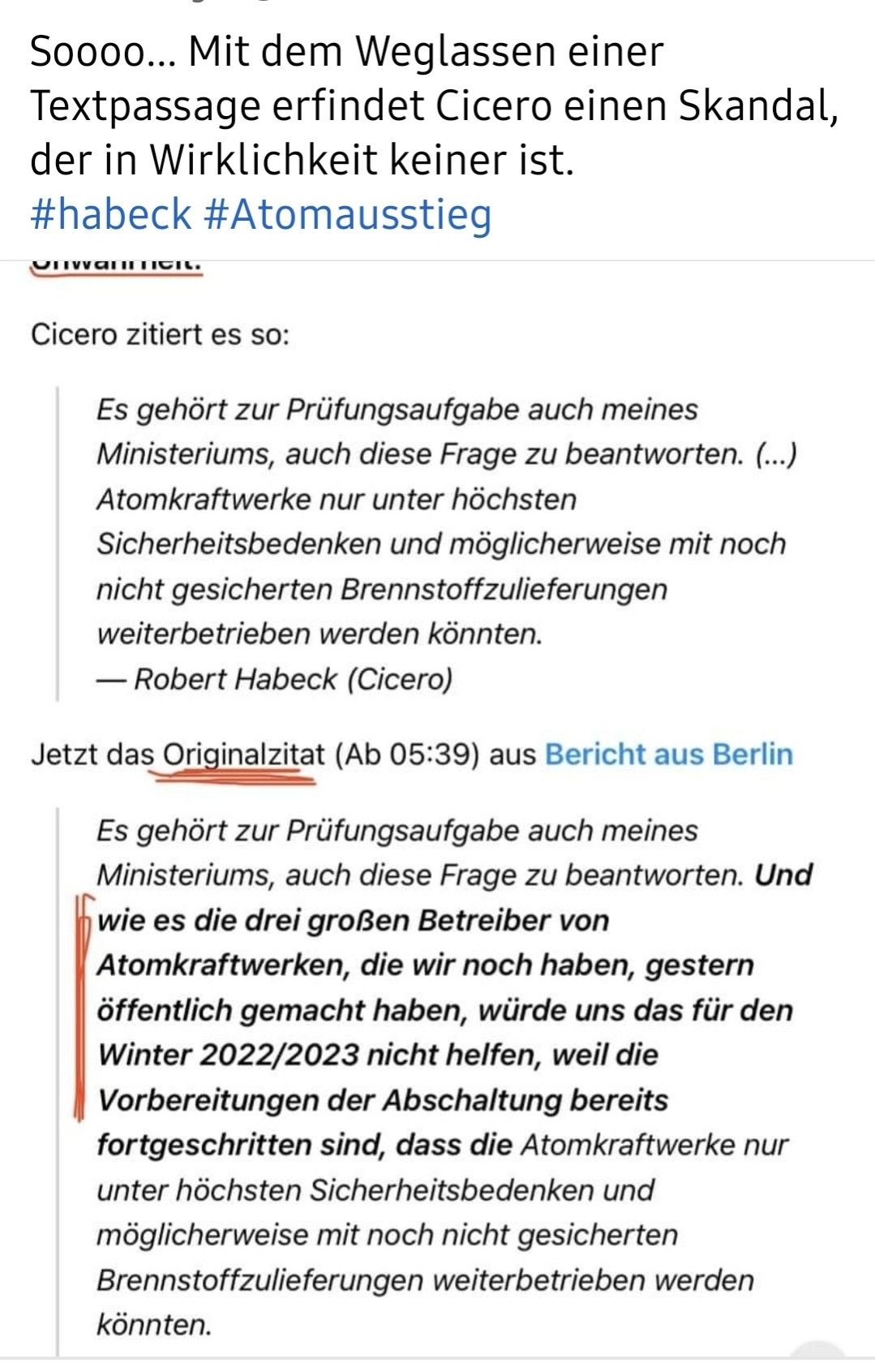 Meme zu unvollständig veröffentlichtem Zitat von Robert Habeck