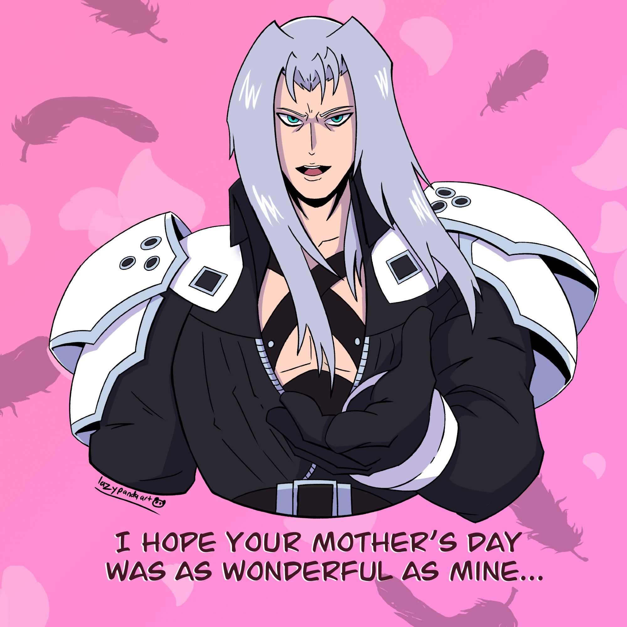 Sephiroth wishing everyone a Happy Mother's Day with wings and petals in the background.