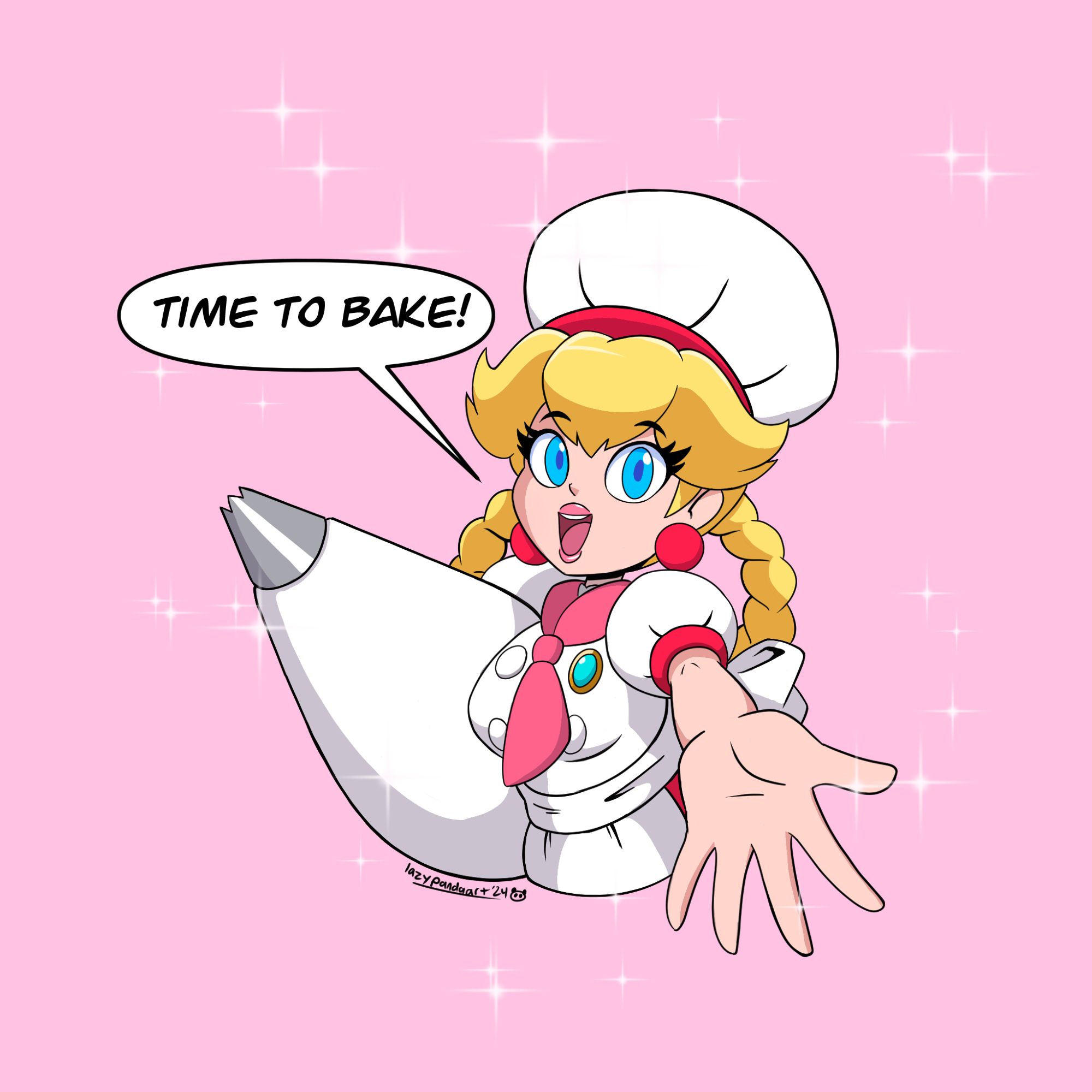 Princess Peach in her Patissiere costume from the game Princess Peach: Showtime! saying "Time to bake!"