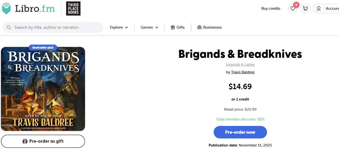 libro.fm screenshot of brigands and breadknives listing with a release date of Nov 11