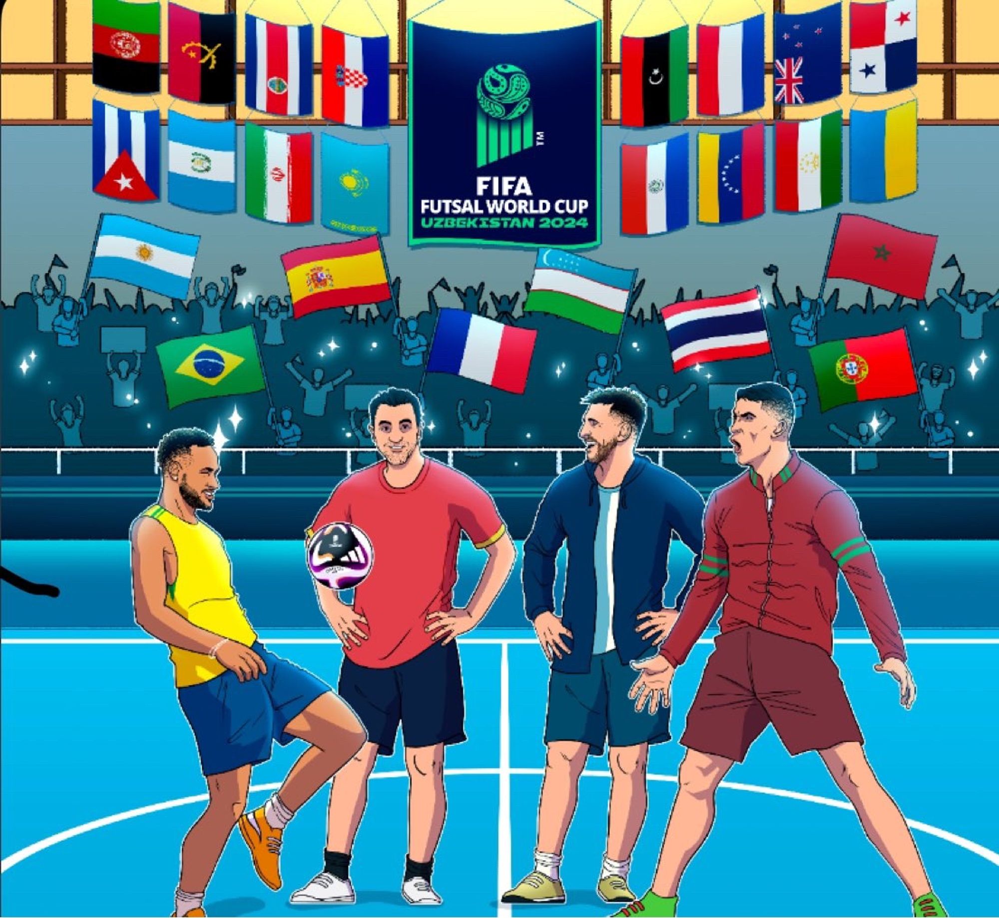 Ilustración en la que en medio de una cancha de futsal aparecen Neymar, Xavi, Messi y Cristiano.