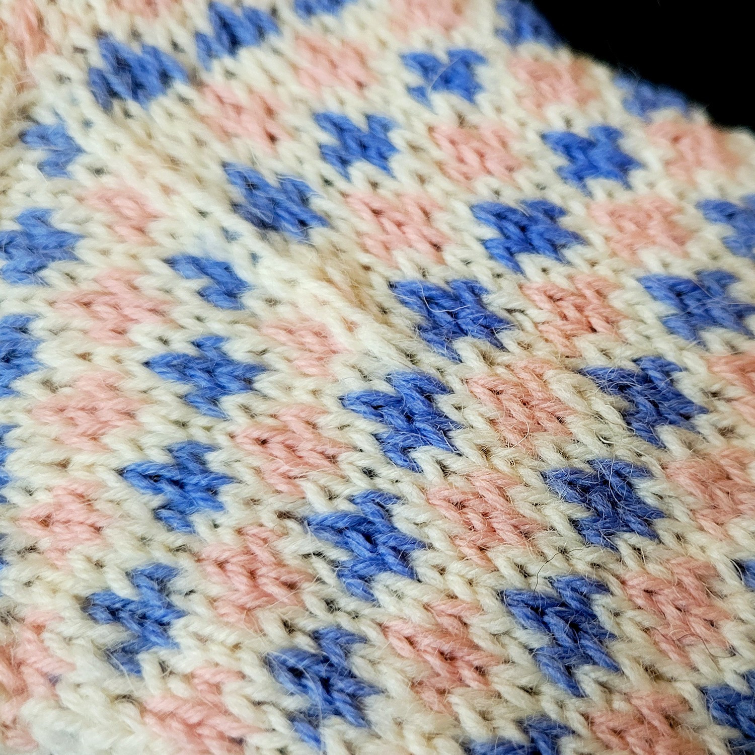 A detail of the socks' gusset. A pattern of pink and blue fleur de lis adorns the majority of the sock.