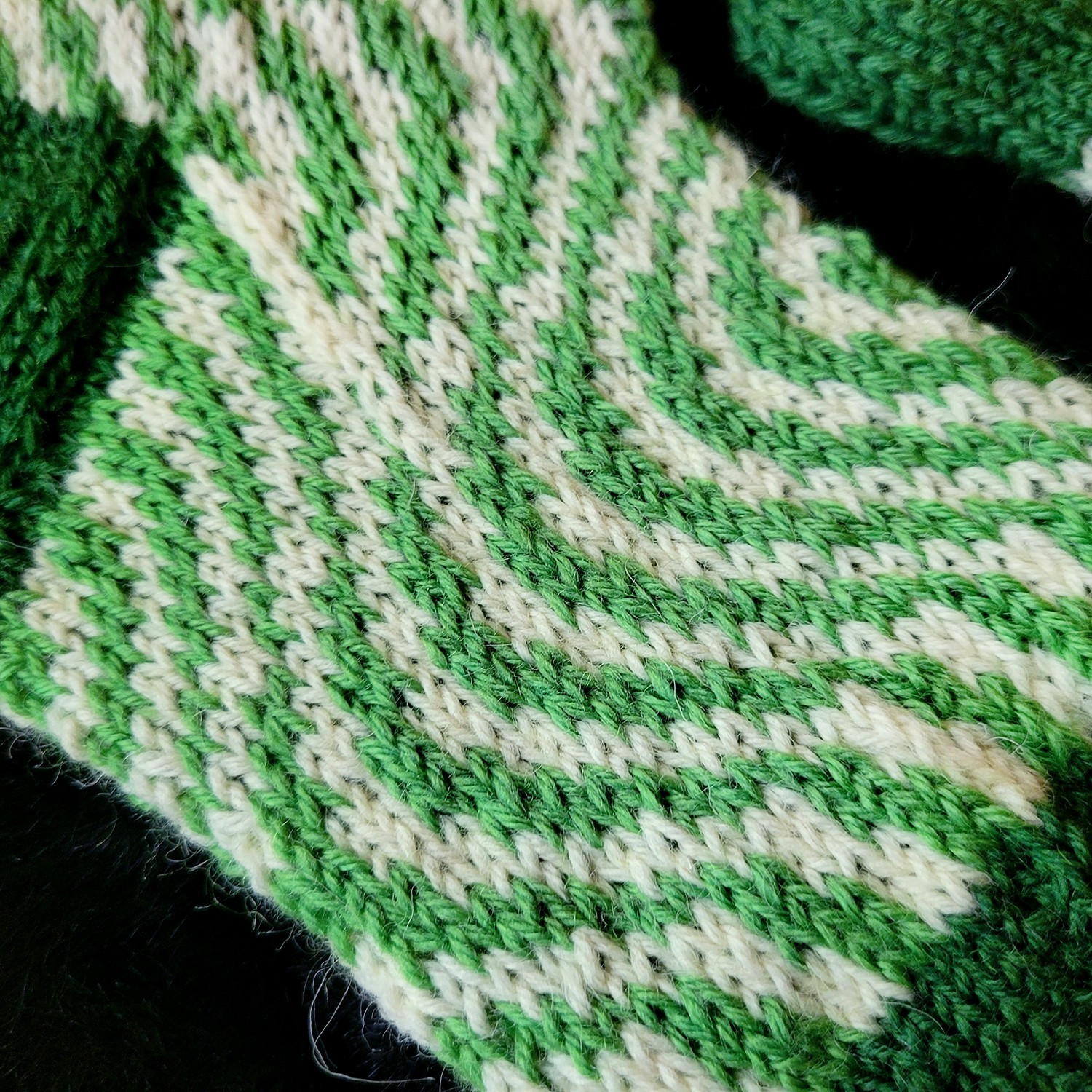 A detail of knitted socks on a black background. Some parts of the toes and heel can be seen in darker green, while the sole part is draped in lighter green and white abstract colorwork.