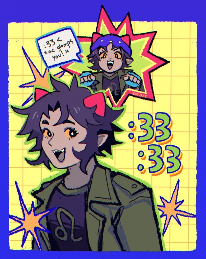 a brightly colored illustration of nepeta leijon from homestuck with a blue border. a bust of her is surrounded by three starbursts, two of her signature double cat mouthed emote, and another burst with a smaller image of her inside, with a speechbubble that says ":33 < *ac glomps you!*"