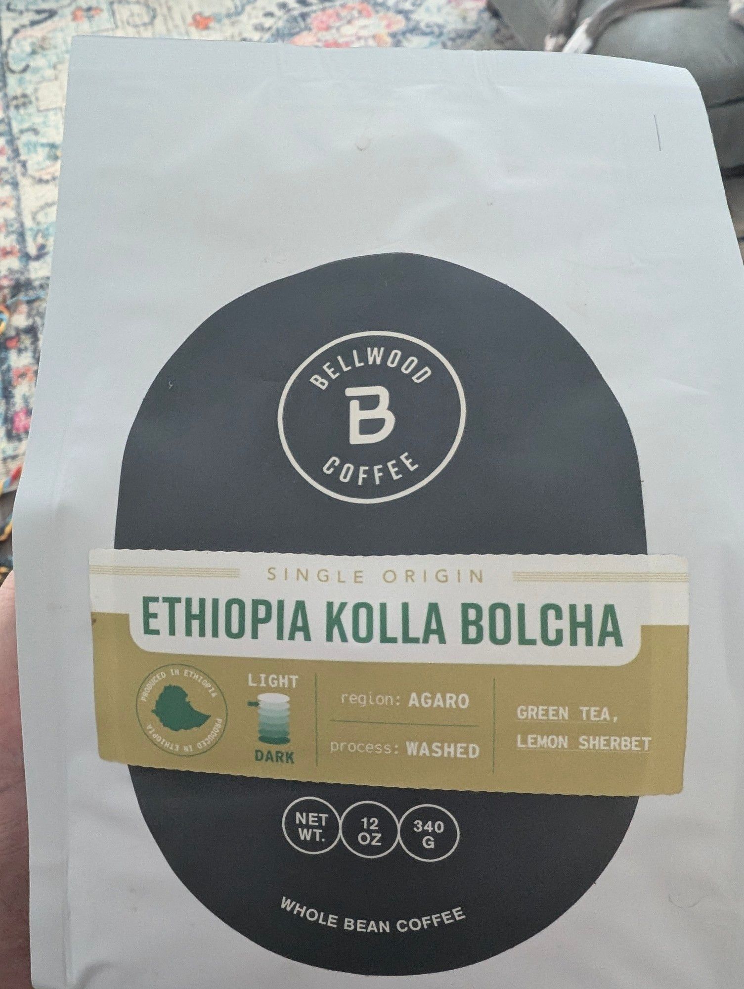 a white bag labeled Bellwood Coffee
SINGLE ORIGIN
ETHIOPIA KOLLA BOLCHA, light roast
region: AGARO
process: WASHED
notes: GREEN TEA, LEMON SHERBET
12 oz whole bean coffee