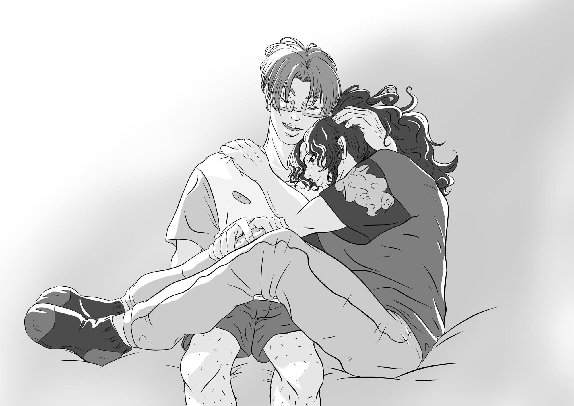 Modern designs of Luo Binghe being held in Shen Yuan/Shen Qingqiu’s lap. They’re in loungewear, and SY is comforting LBH, while LBH holds on to him.