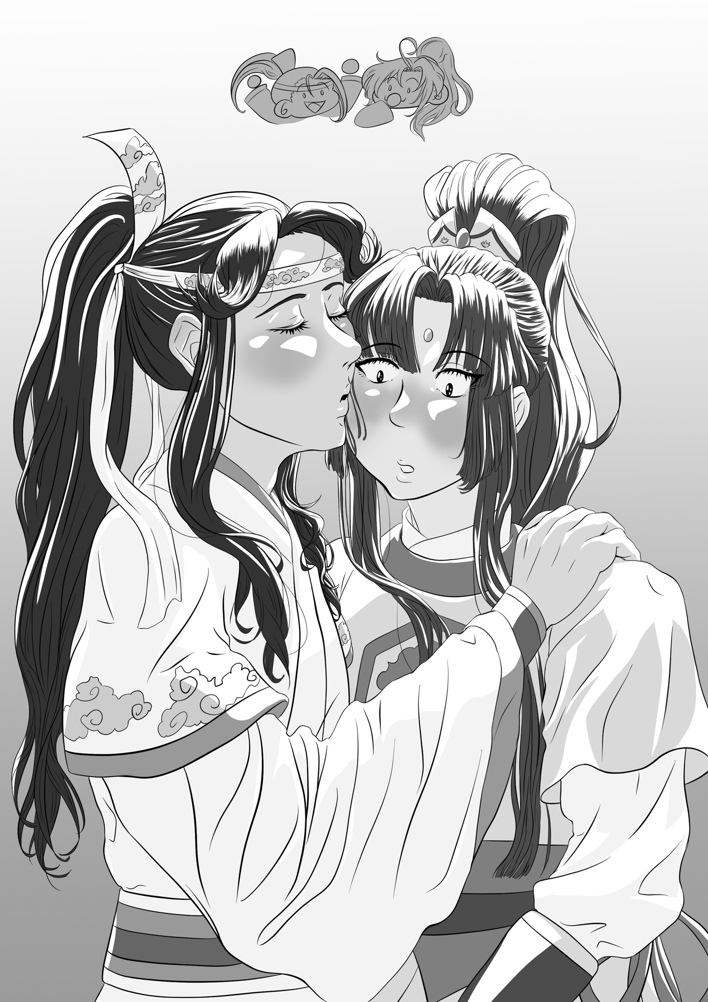 Lan Sizhui kisses Jin Ling on the cheek while Jin Ling is apparently frozen in shock with his eyes wide and a big blush on his face. Lan Jingyi and Wei Wuxian cheer from the sidelines.