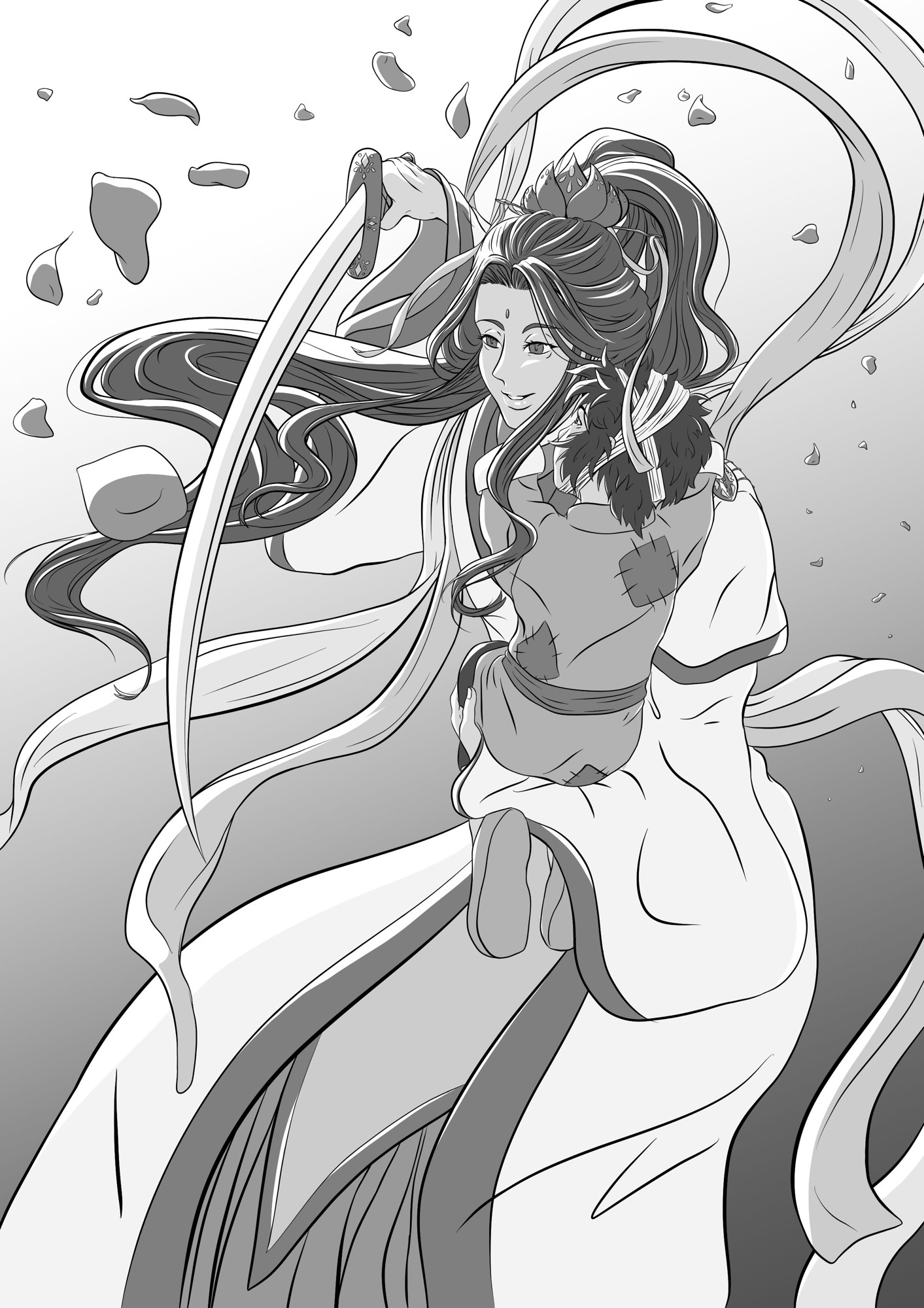 Crown Prince Xie Lian during his performance, holding the bandaged child, who is looking at him in his arm as XL fights in a whirl of flower petals.