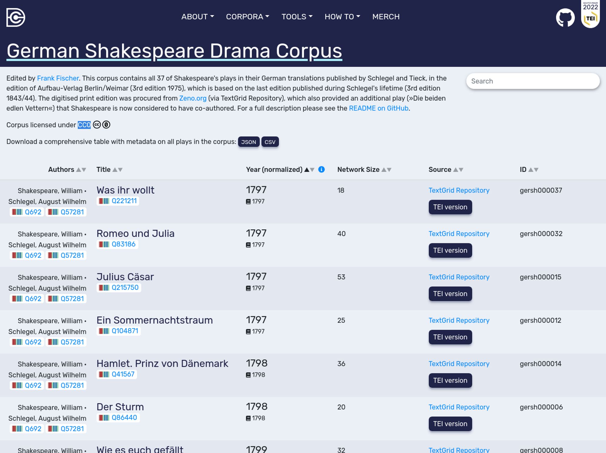 Frontend of the German Shakespeare Drama Corpus.