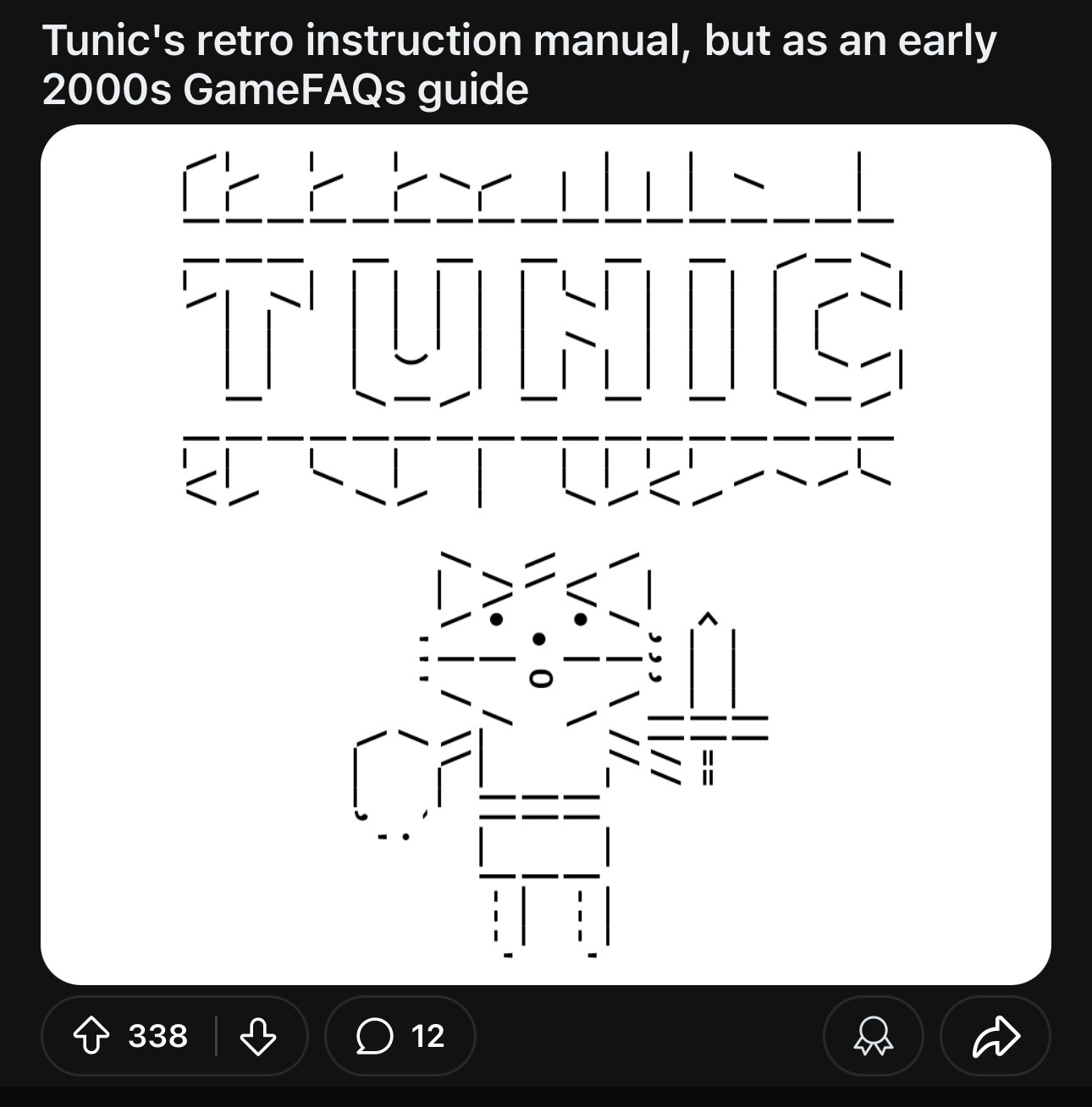 Post from Reddit. Tunics retro instruction manual but as an early 2000s gameFAQ guide.

The artwork is of the main character and the title rendered in ASCII style